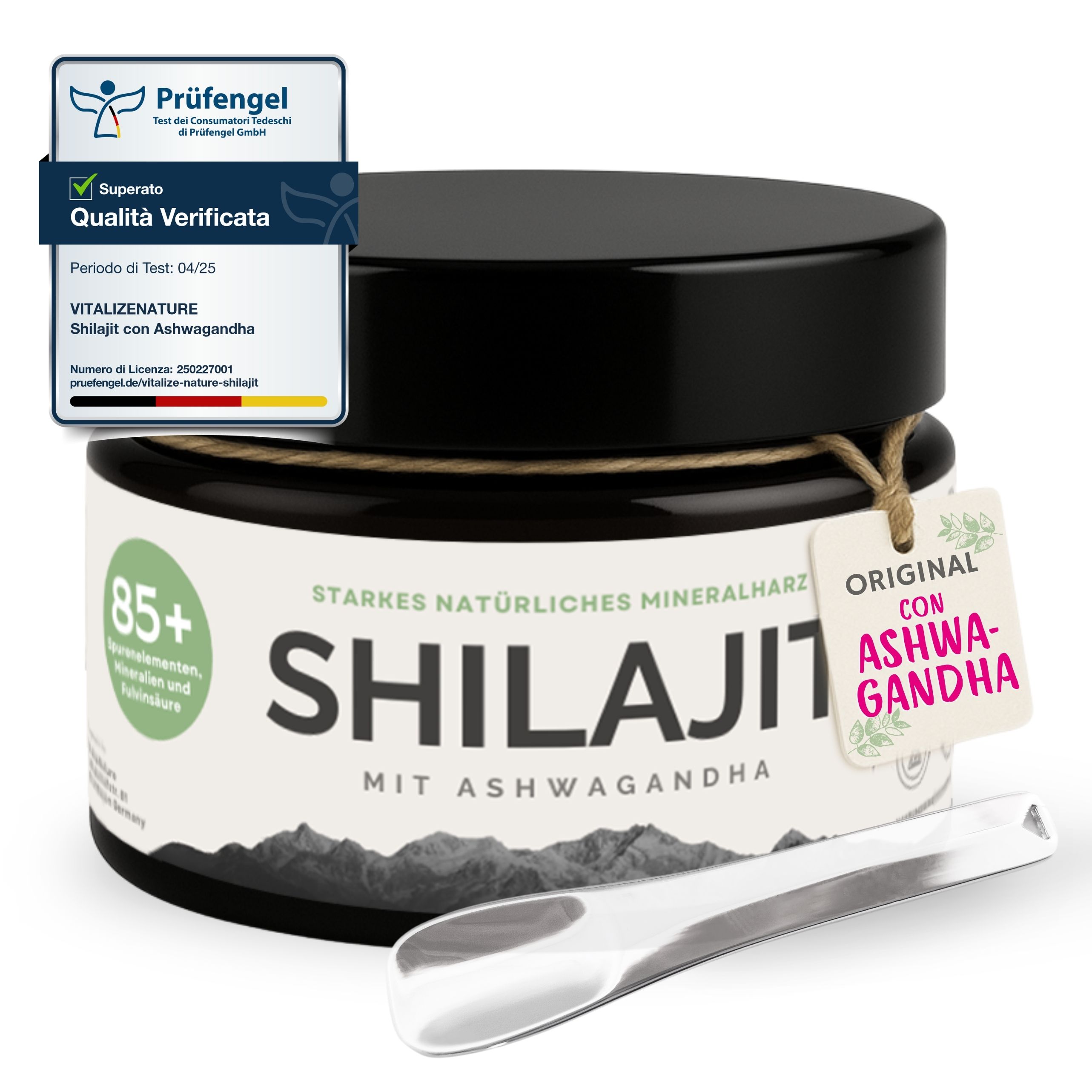 Dose Shilajit mit Ashwagandha, Löffel, Prüfiegel-Zertifizierung.