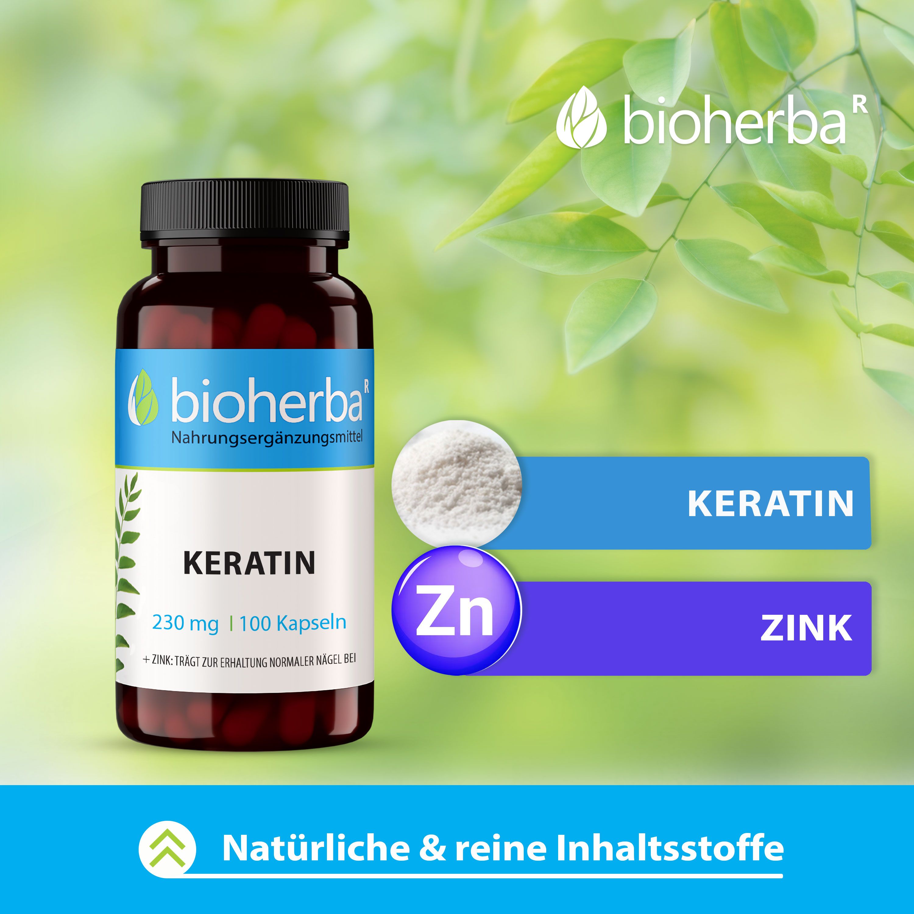 Braune Glasflasche mit schwarzem Deckel. Etikett mit Bioherba Logo und Text: Keratin 230 mg | 100 Kapseln. Darstellung von Keratin und Zink.