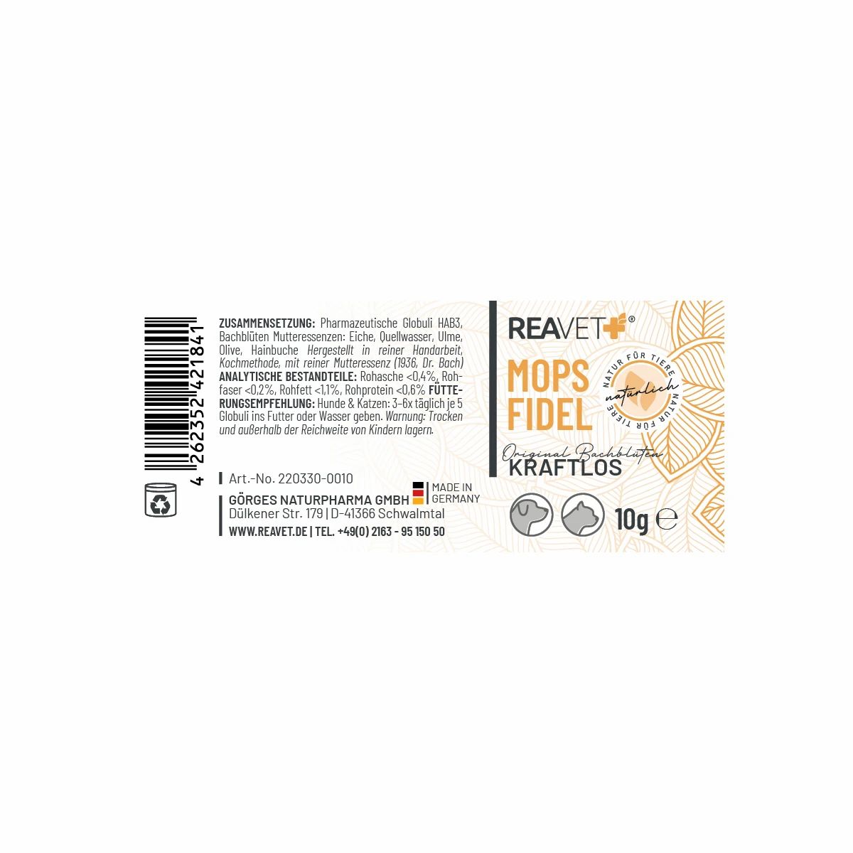 Etikett mit Produktinformationen: REAVET MOPS FIDEL KRAFTLOS, 10g e, Hergestellt in Deutschland, Barcode.