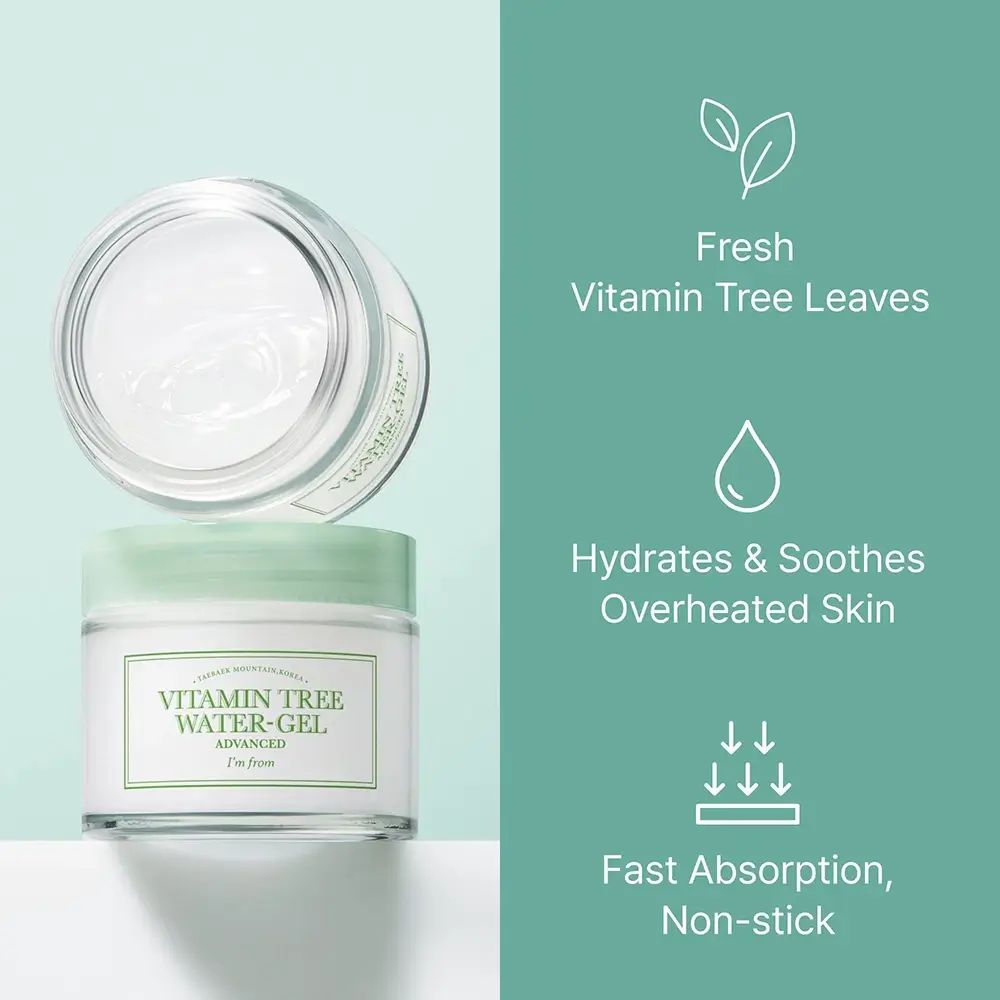 Zwei Glasbehälter. Aufschrift: Vitamin Tree Water-Gel Advanced. Text: Fresh Vitamin Tree Leaves, Hydrates & Soothes, Fast Absorption.