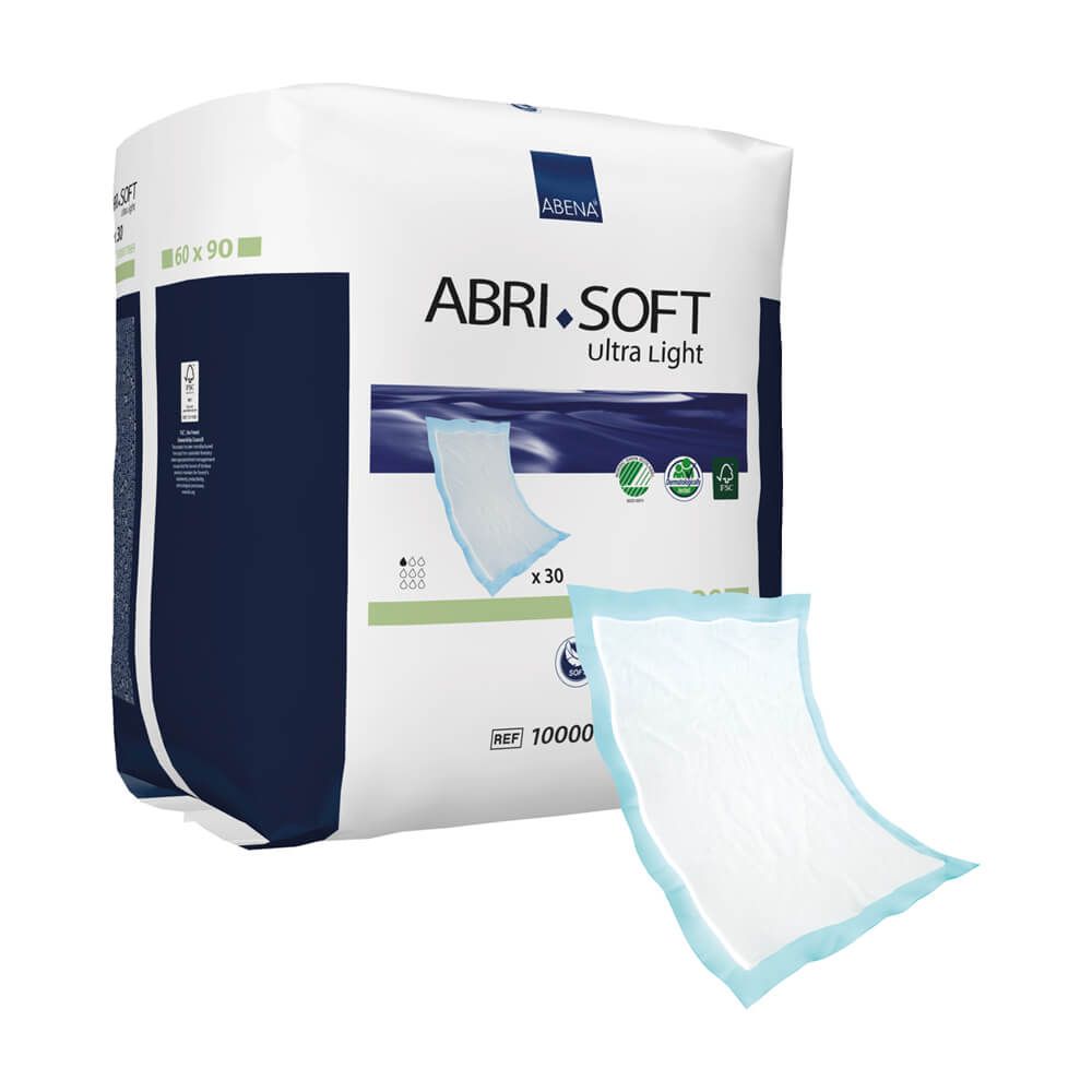 Abri-Soft Ultra Light, 60 x 90 cm, Packung mit 30 Stück. Verpackung mit Produktabbildung, Logo und Zertifizierungen.