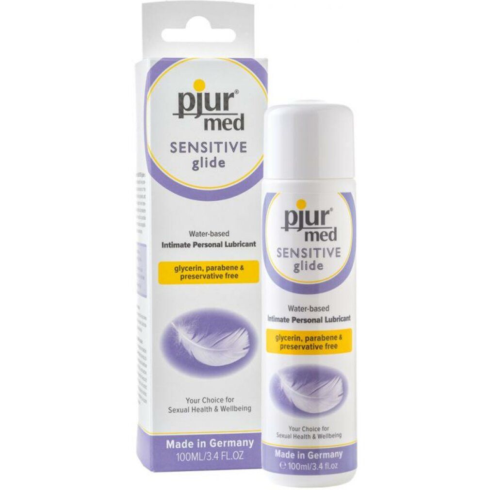 Produktverpackung und Flasche. Aufschrift: pjur med Sensitive Glide. Wasserbasiertes Intim-Gleitmittel. Ohne Glycerin, Parabene und Konservierungsstoffe.