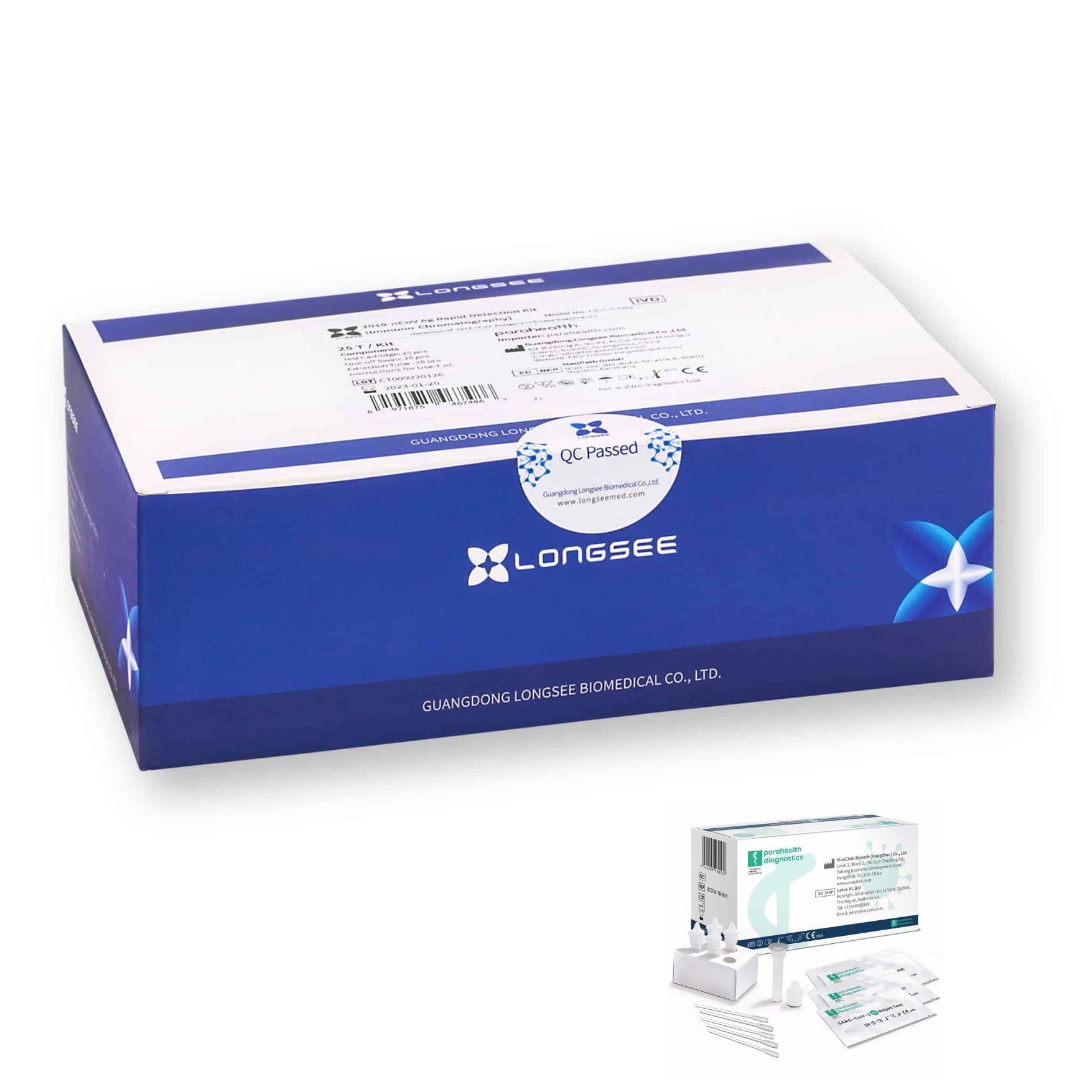 Karton mit Longsee SARS-CoV-2 Antigen Schnelltest 3in1. Blaue und weiße Verpackung mit Logo und Zubehör.