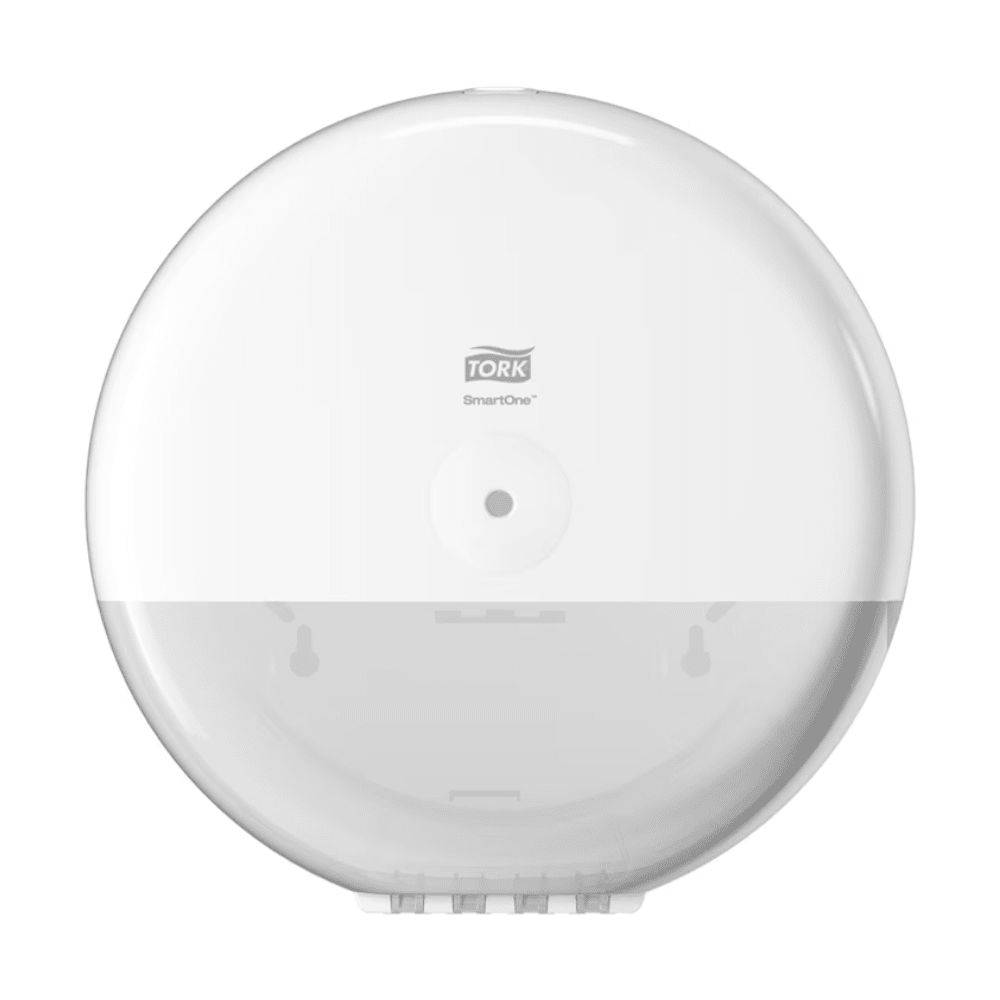 Weißer, runder Toilettenpapierspender. Marke Tork SmartOne. Unterer Teil transparent.