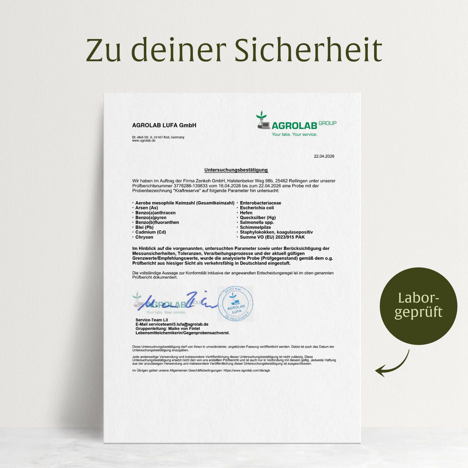 Laborbericht von Agrolab zur Prüfung des Magnesium-Komplexes, Siegel 'Labor-geprüft'.
