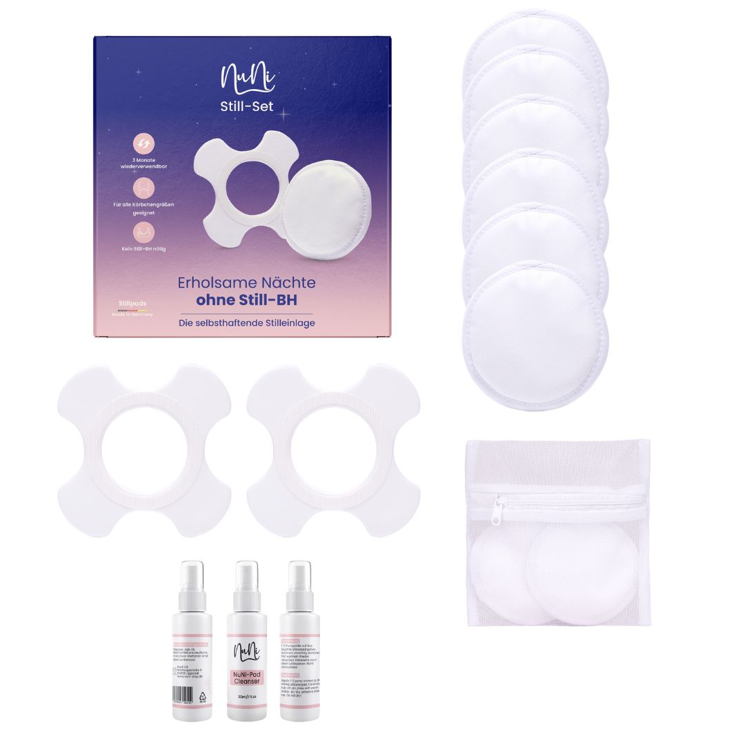 NuNi Still-Set. Box, Still-BH-Einlagen, Pads, Reiniger-Sprays, und Halterungen. Text: Erholsame Nächte ohne Still-BH.