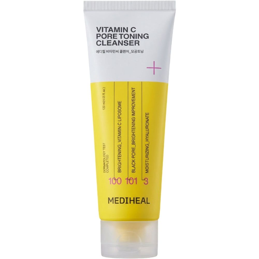 Gelbe Tube mit Text. Aufschrift: Vitamin C Pore Toning Cleanser. Gelber Streifen mit Text. Rosa Plus-Zeichen. 125 ml.