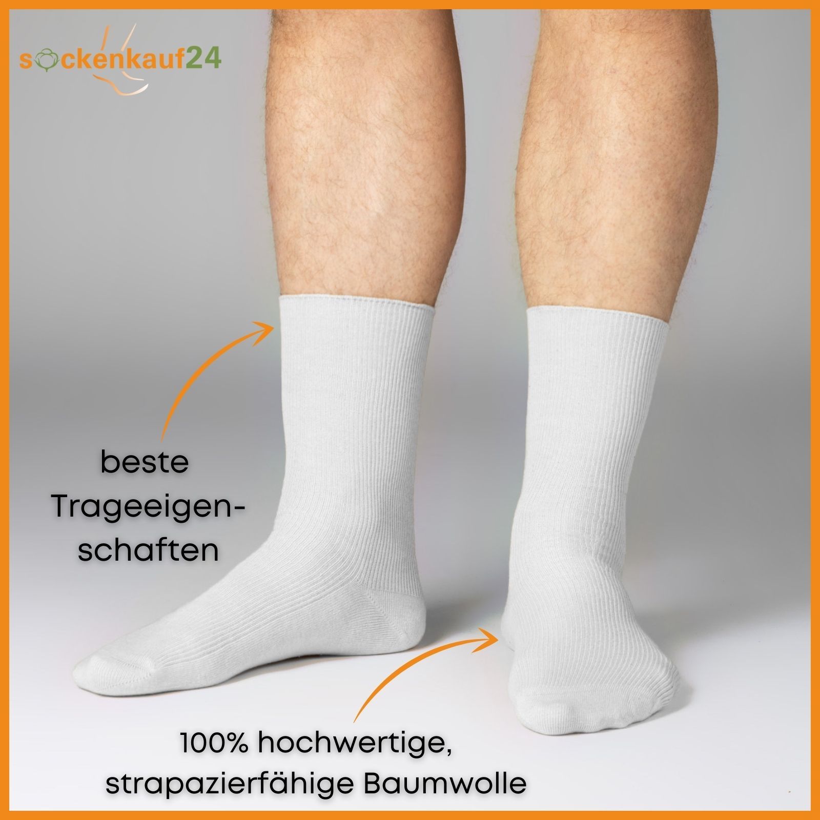 Weiße Socken am Bein. Beste Trageeigenschaften. 100% hochwertige, strapazierfähige Baumwolle. Text: sockenkauf24.
