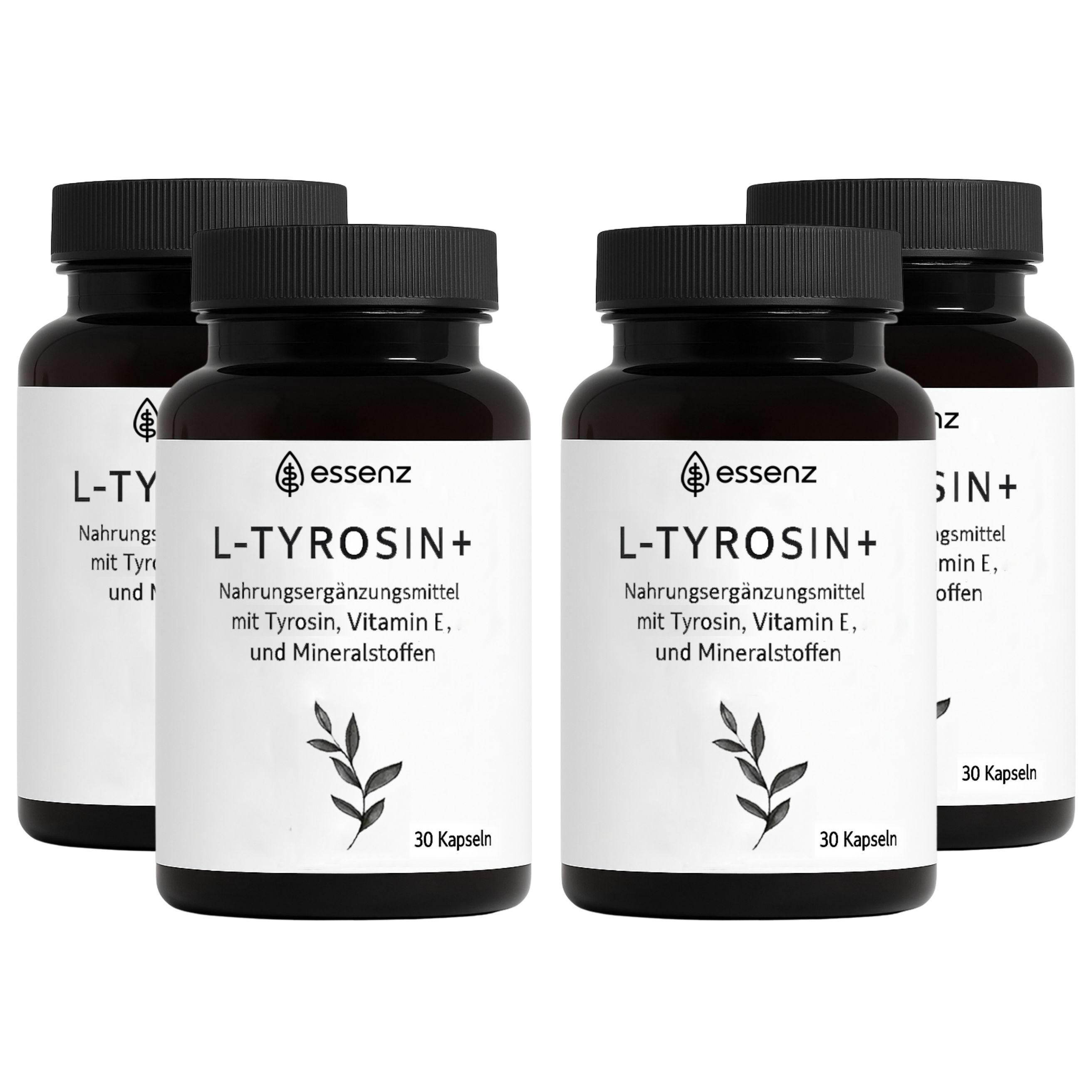 Vier Flaschen ESSENZ L-Tyrosin+ Kapseln. Schwarze Deckel, weiße Etiketten. Text: 30 Kapseln. Nahrungsergänzungsmittel mit Tyrosin, Vitamin E.
