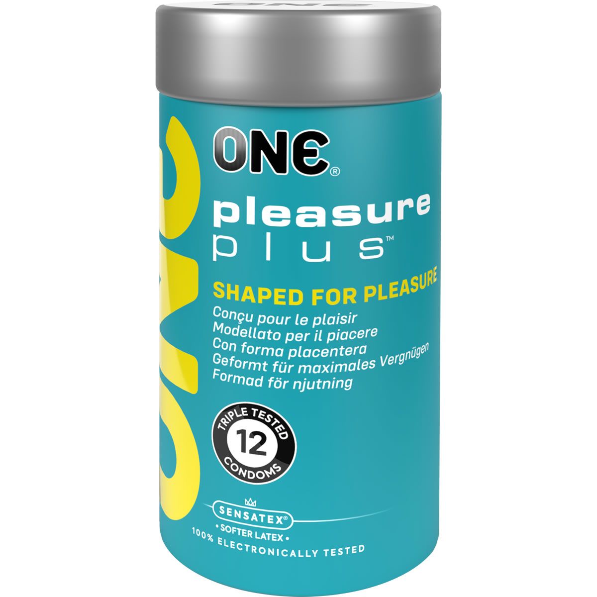 Zylindrische Verpackung mit Kondomen. Aufschrift: ONE pleasure plus. 12 Kondome, dreifach getestet. Sensatex, weicher Latex.