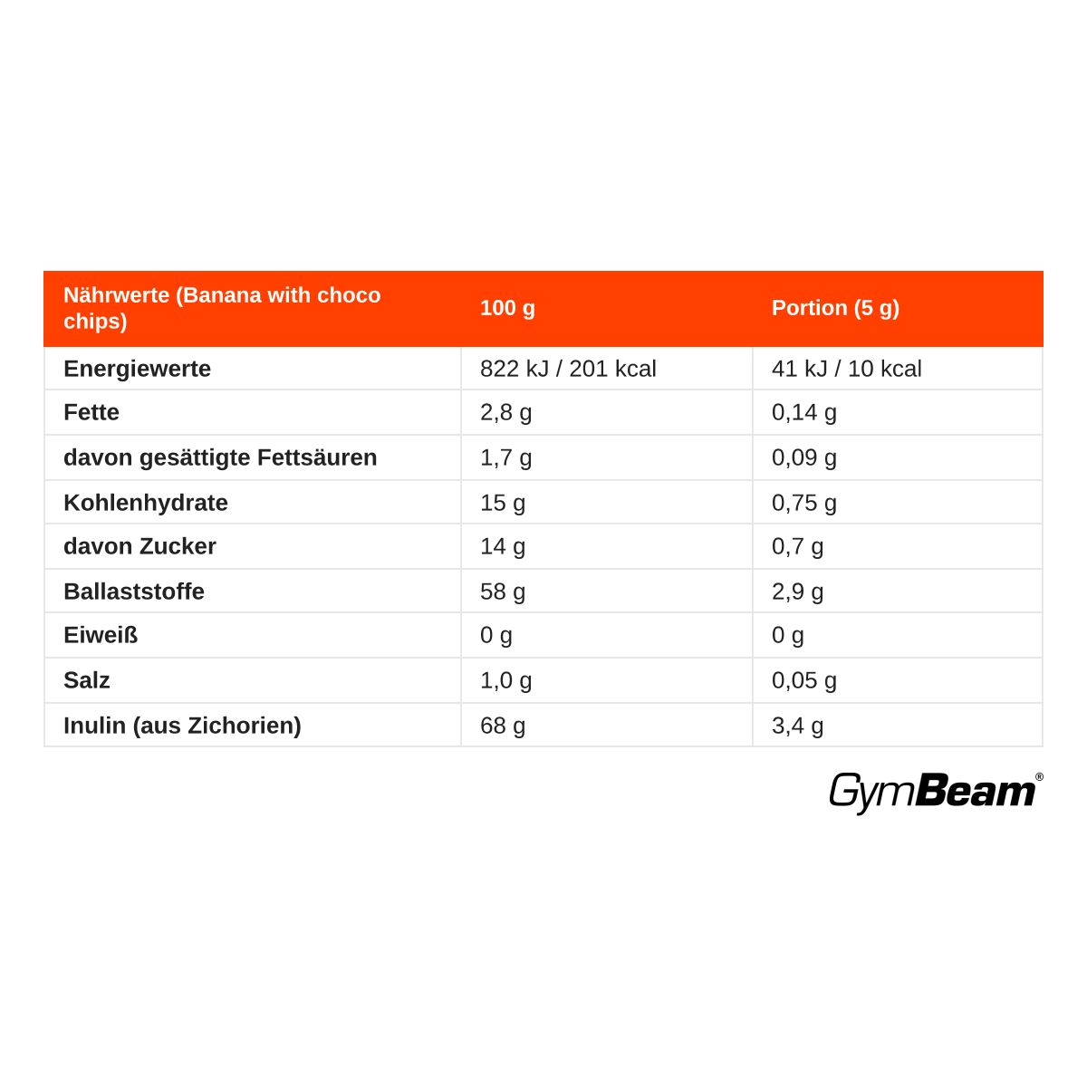 Nährwerttabelle für GymBeam Flavour Powder Banane mit Schokostückchen, pro 100g und pro Portion.