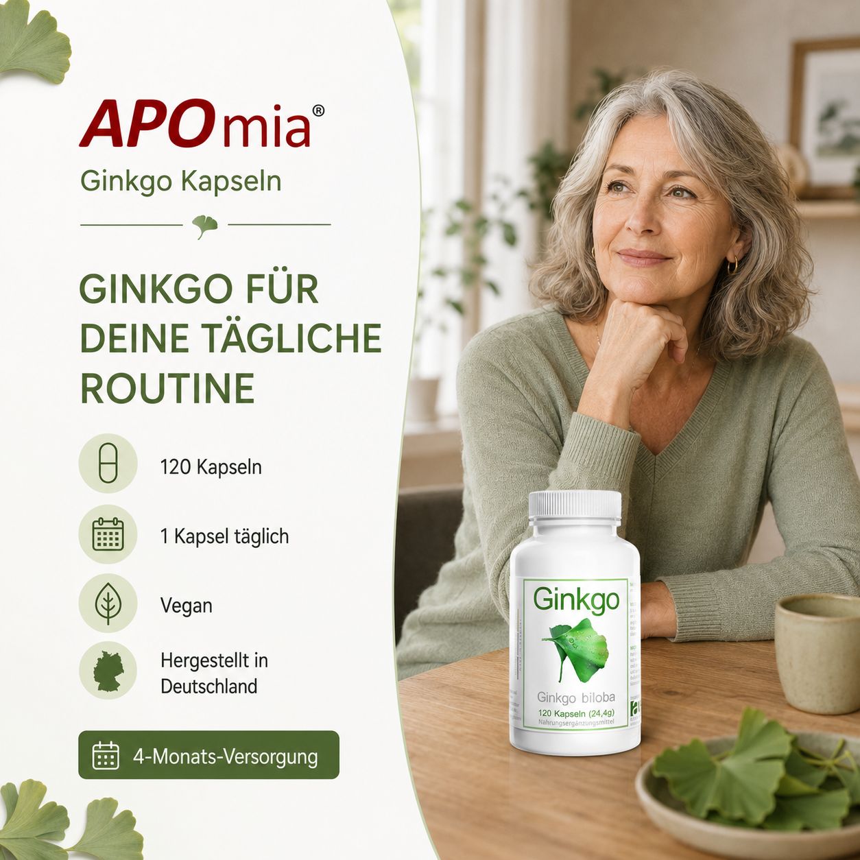 Flasche Ginkgo Kapseln neben einer Frau, mit Informationen zur täglichen Routine und Herkunft.