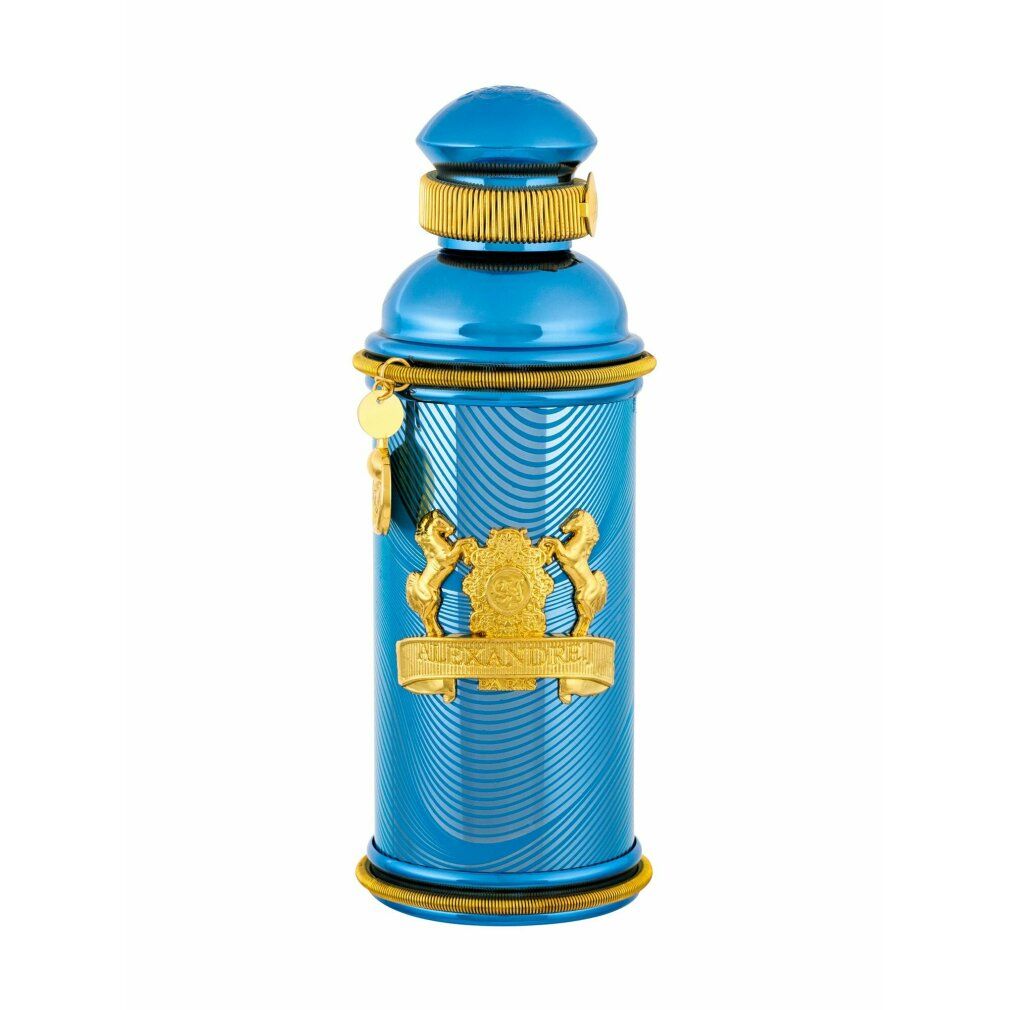 Türkisfarbene Flasche mit goldenen Verzierungen. Goldener Anhänger. Wellenmuster. Alexandre.J Logo.