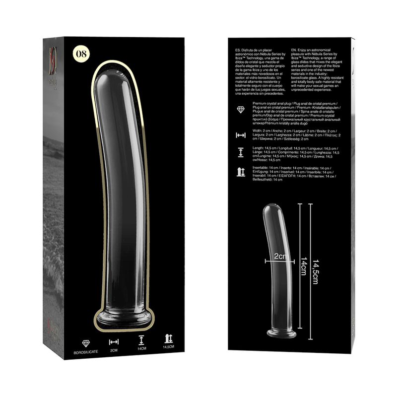 Borosilikatglas-Dildo, Modell 8, in schwarzer Verpackung mit Produktabbildung und Maßen.