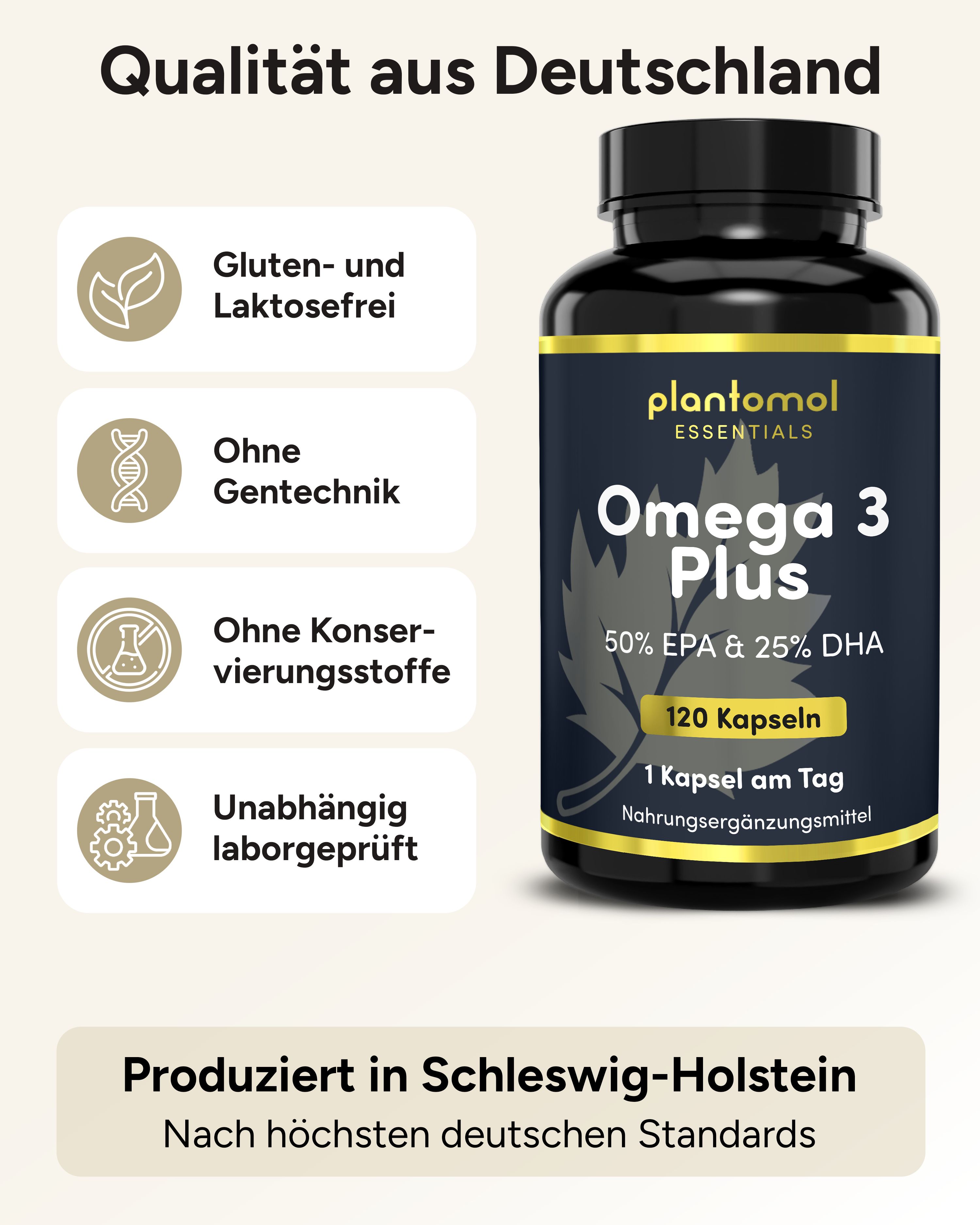 Schwarze Flasche plantomol® Essentials Omega 3 Plus. 120 Kapseln. Glutenfrei, ohne Gentechnik, ohne Konservierungsstoffe.