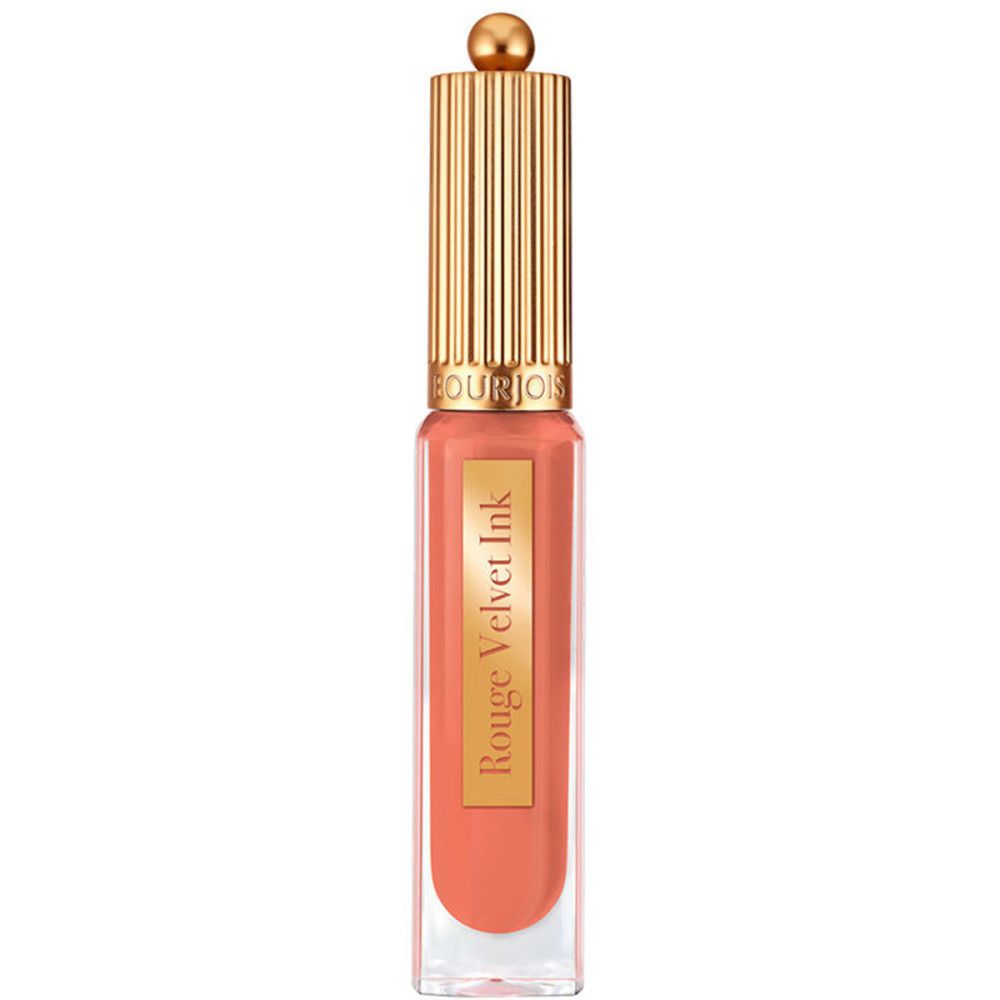 Lippentinte in einer transparenten Flasche. Goldfarbener Deckel mit geriffelter Oberfläche. Aufschrift: Rouge Velvet Ink.