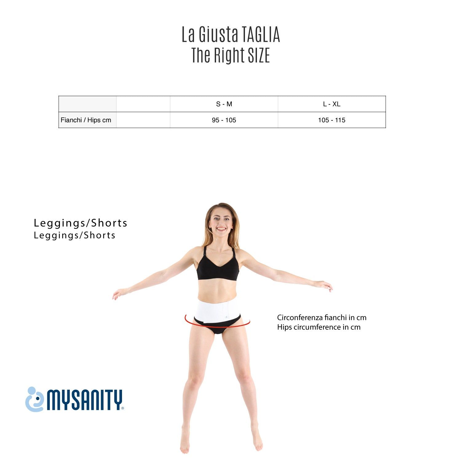 Größentabelle für MYSANITY® Leggings/Shorts. Frau mit Hüftumfang-Messung. Größen S-M und L-XL.