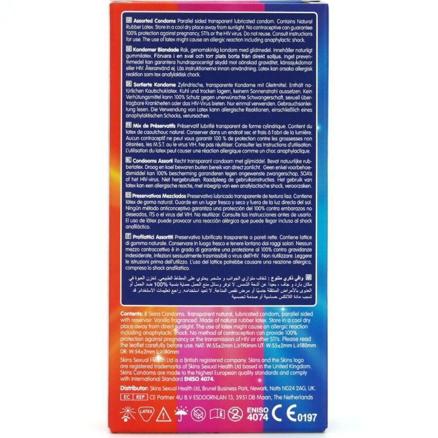 Rückseite einer Kondom-Verpackung. Mehrsprachige Texte. Enthält Informationen zu Inhaltsstoffen und Hersteller.