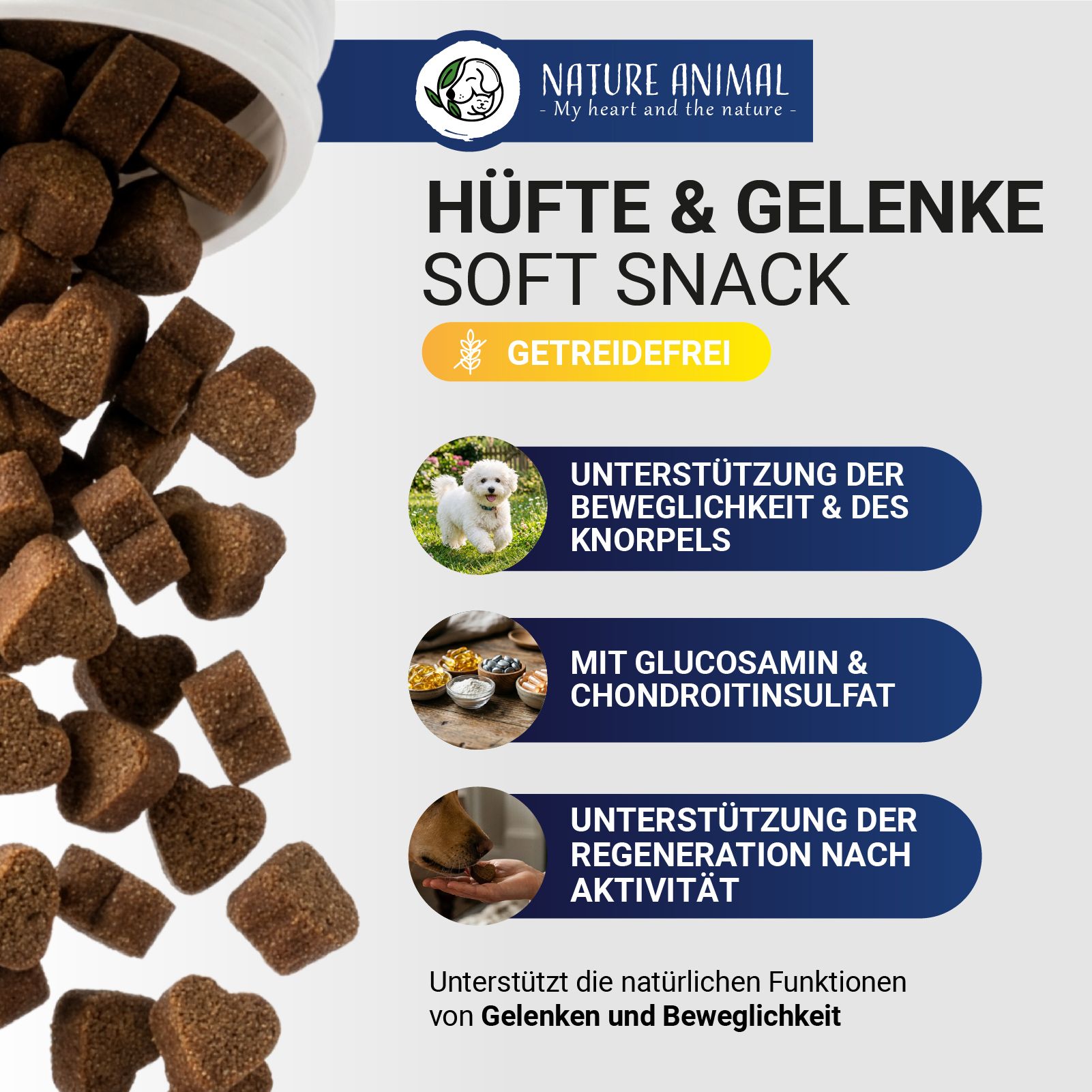 Hundesnacks für Hüfte und Gelenke, getreidefrei, mit Glucosamin und Chondroitinsulfat.