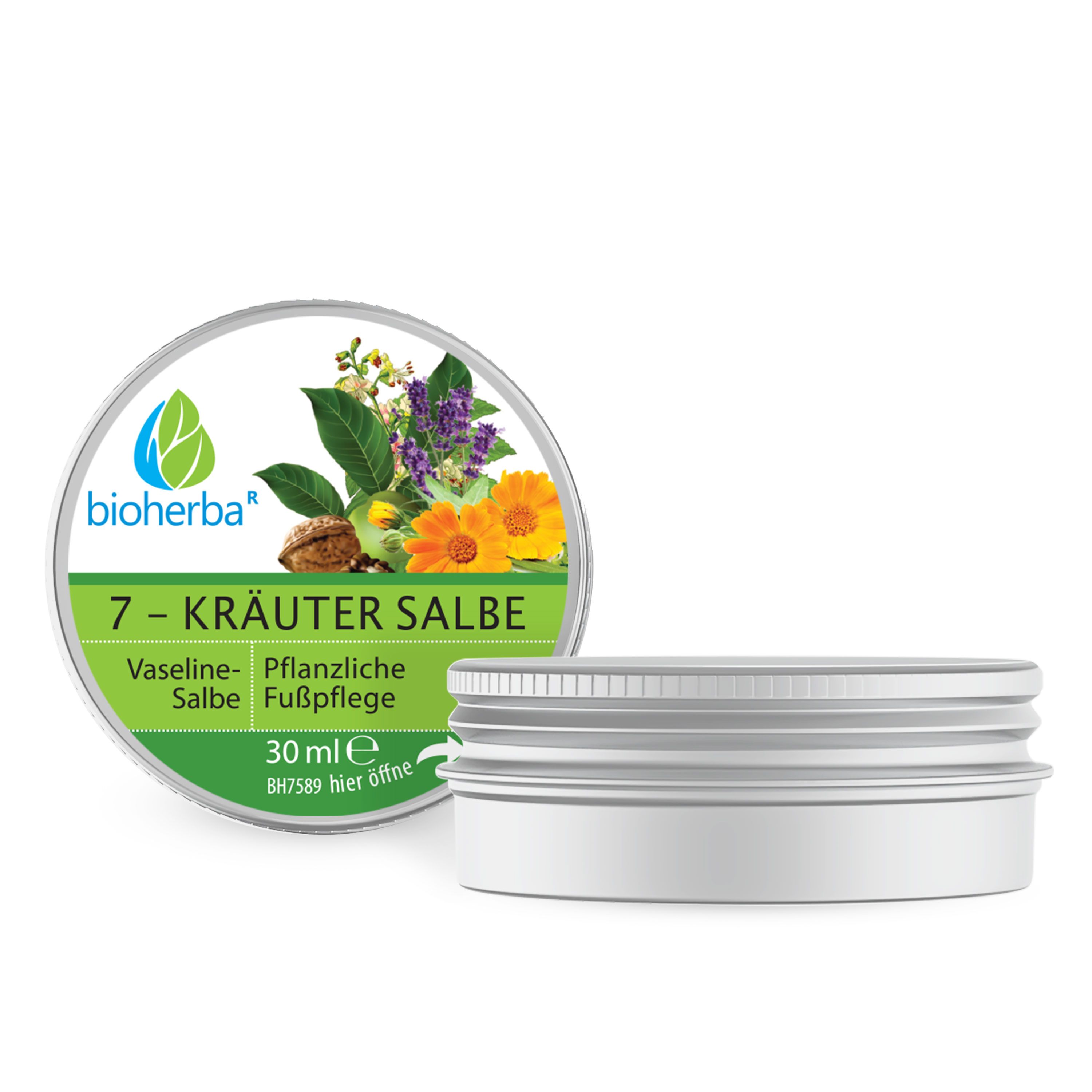 Runde Dose mit Deckel. Auf dem Deckel: Logo, Kräuter-Illustration, Text: 7-Kräuter Salbe, Vaseline-Salbe, Fußpflege. Dose geöffnet.