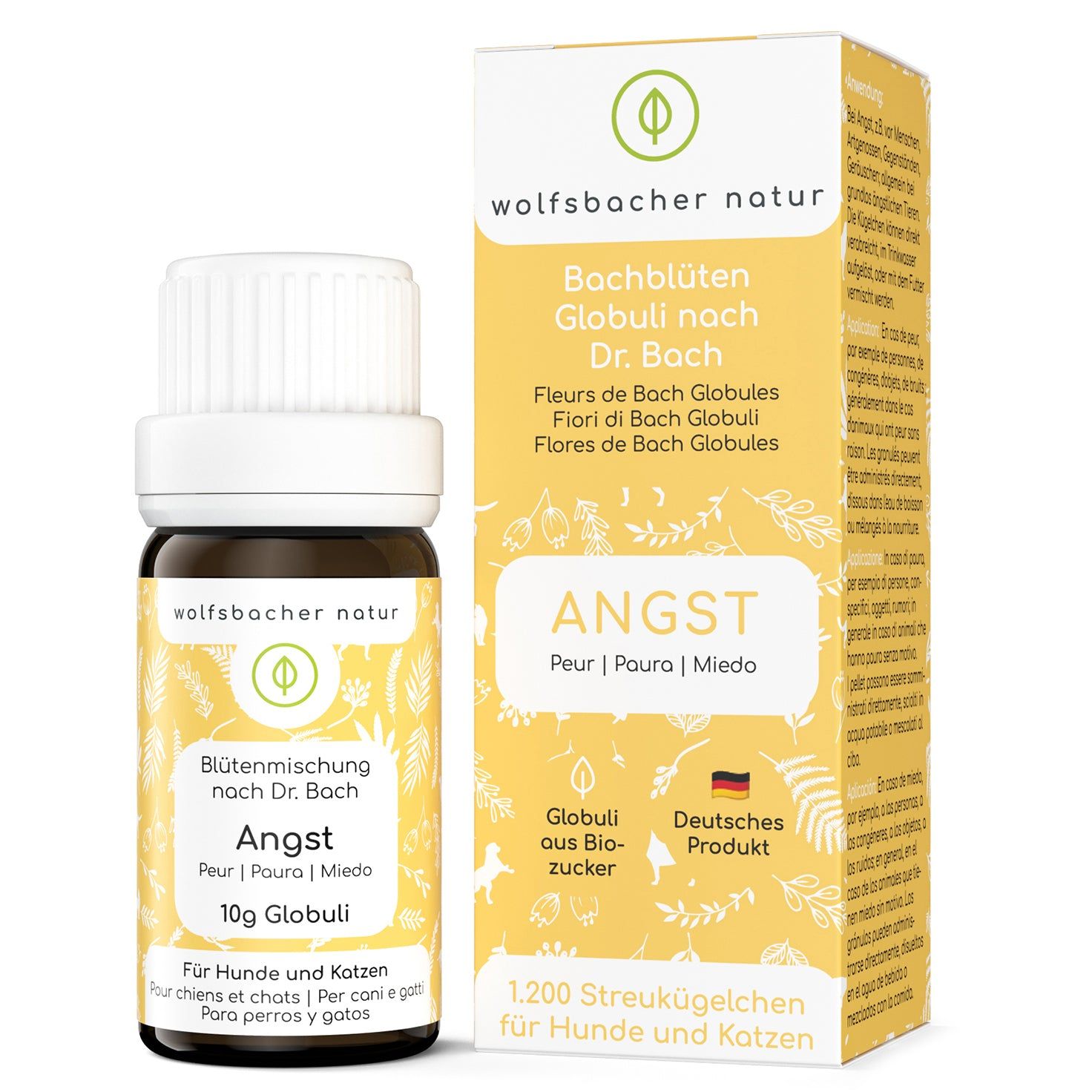 Braune Glasflasche und gelbe Verpackung. Aufschrift: Angst, Globuli, 10g. Mit Logo und deutscher Produktkennzeichnung.