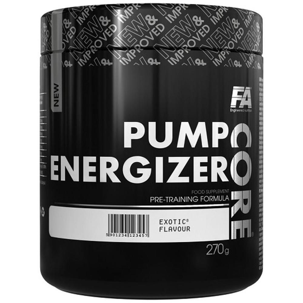Schwarzer Behälter mit weißer Aufschrift. Produktname: Core Pump Energizer. Aufschrift: Exotic Flavour, 270g. Marke: FA Nutrition.