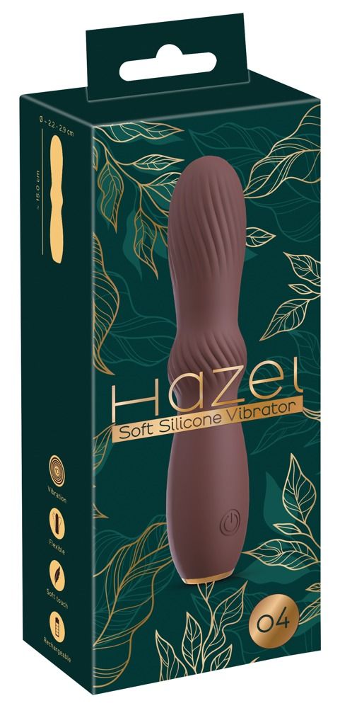Verpackung mit Vibrator. Aufschrift "Hazel Soft Silicone Vibrator". Grün mit goldenen Blättern.