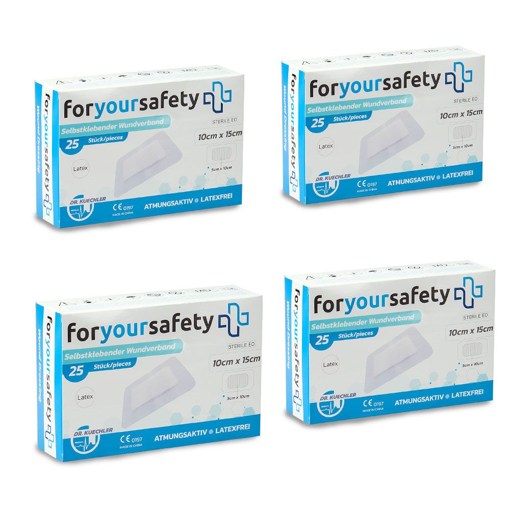 Mehrere Packungen Wundpflaster. Blaue und weiße Verpackung mit Produktinformationen. Aufschrift: foryoursafety, 25 Stück, 10x15cm.