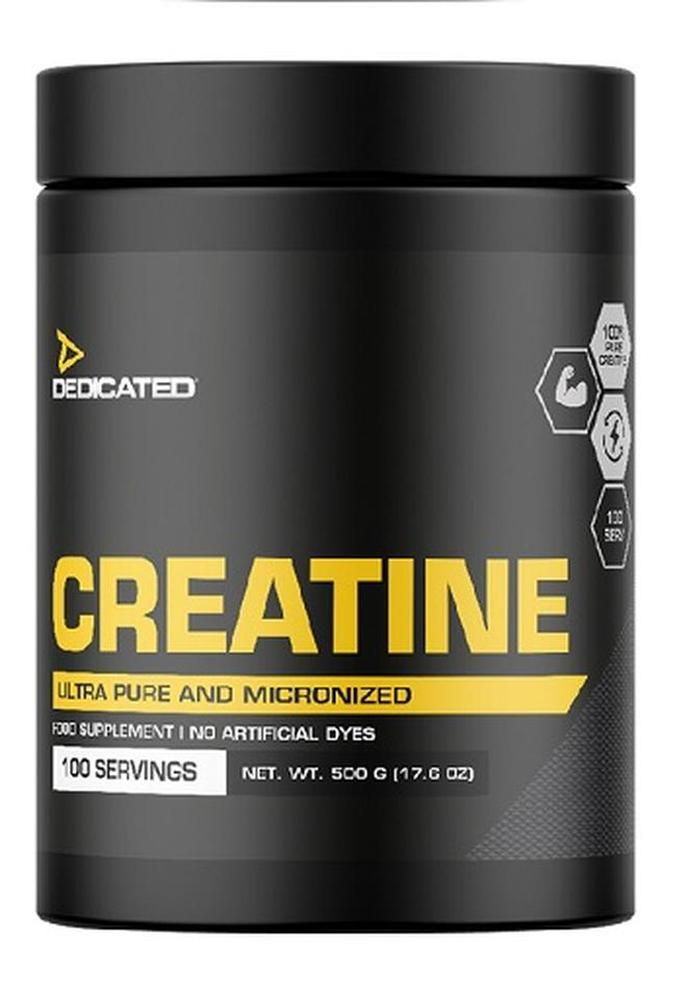 Schwarze Dose mit gelber Aufschrift CREATINE. Marke DEDICATED. Enthält 100 Portionen. Ultra Pure und micronized.