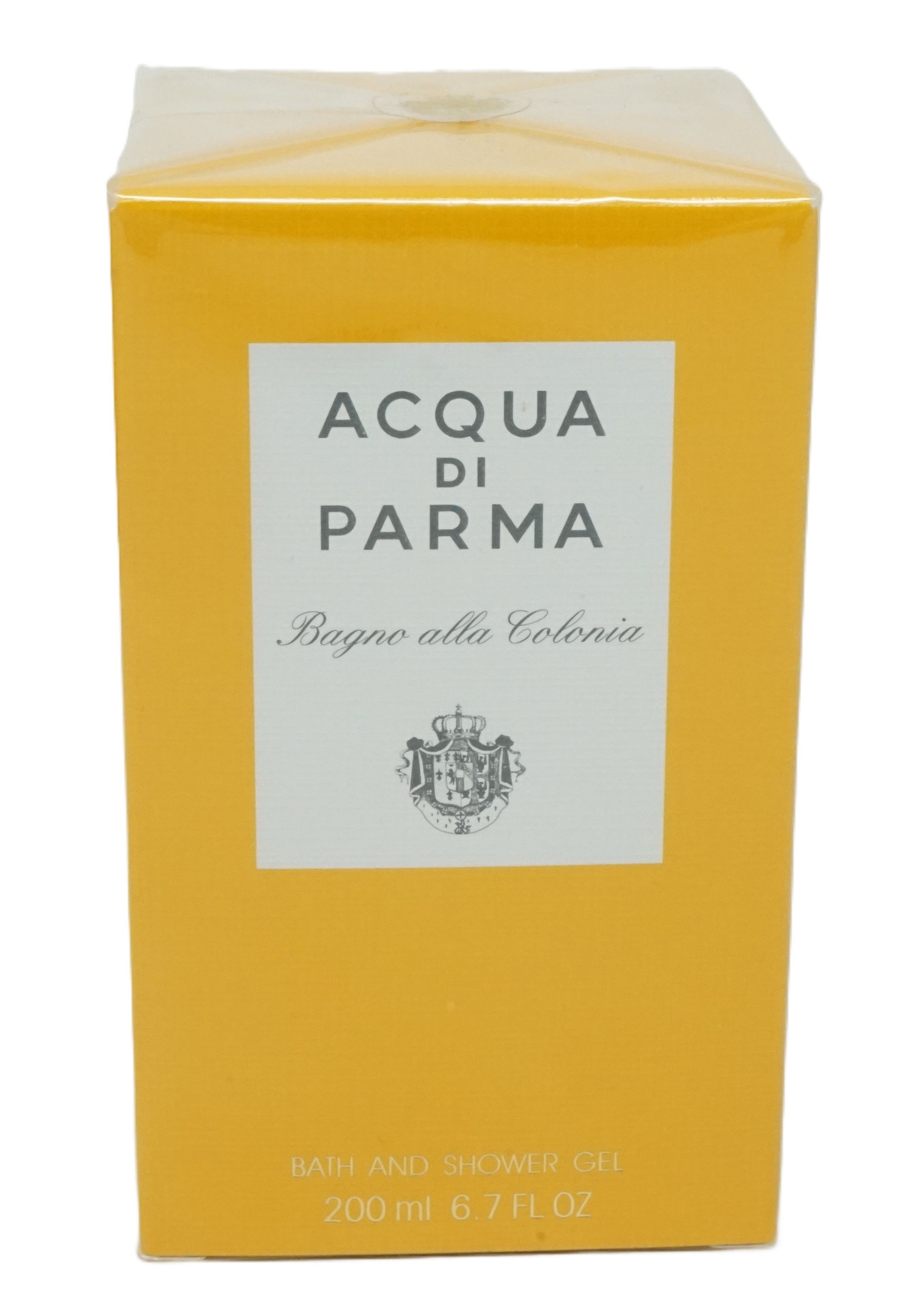 Gelbe Schachtel mit weißem Etikett. Aufschrift: Acqua di Parma Bagno alla Colonia. 200 ml.