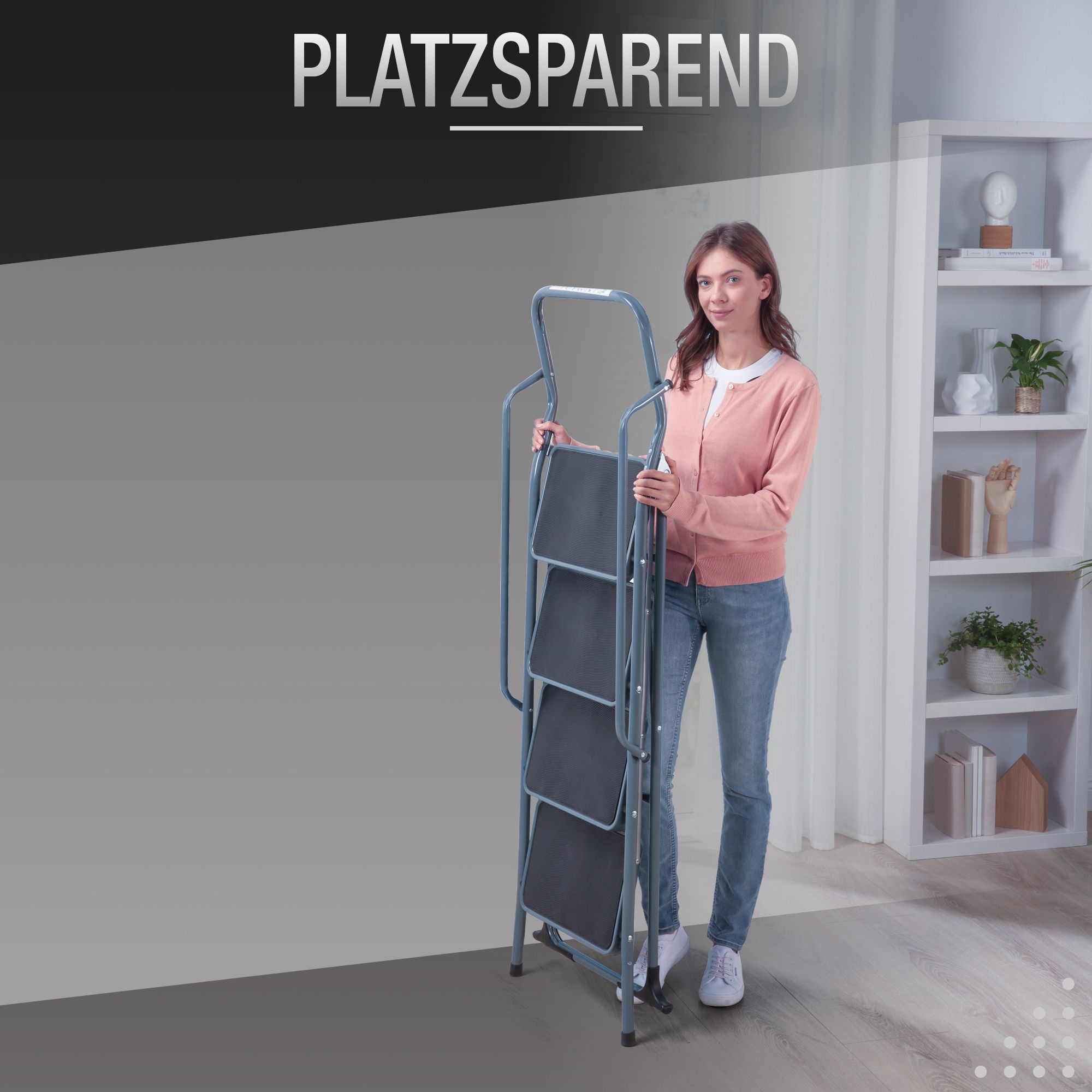 ELONEO Stehleiter 4 Stufen extra dicke Handläufe, rutschsichere & große Trittflächen