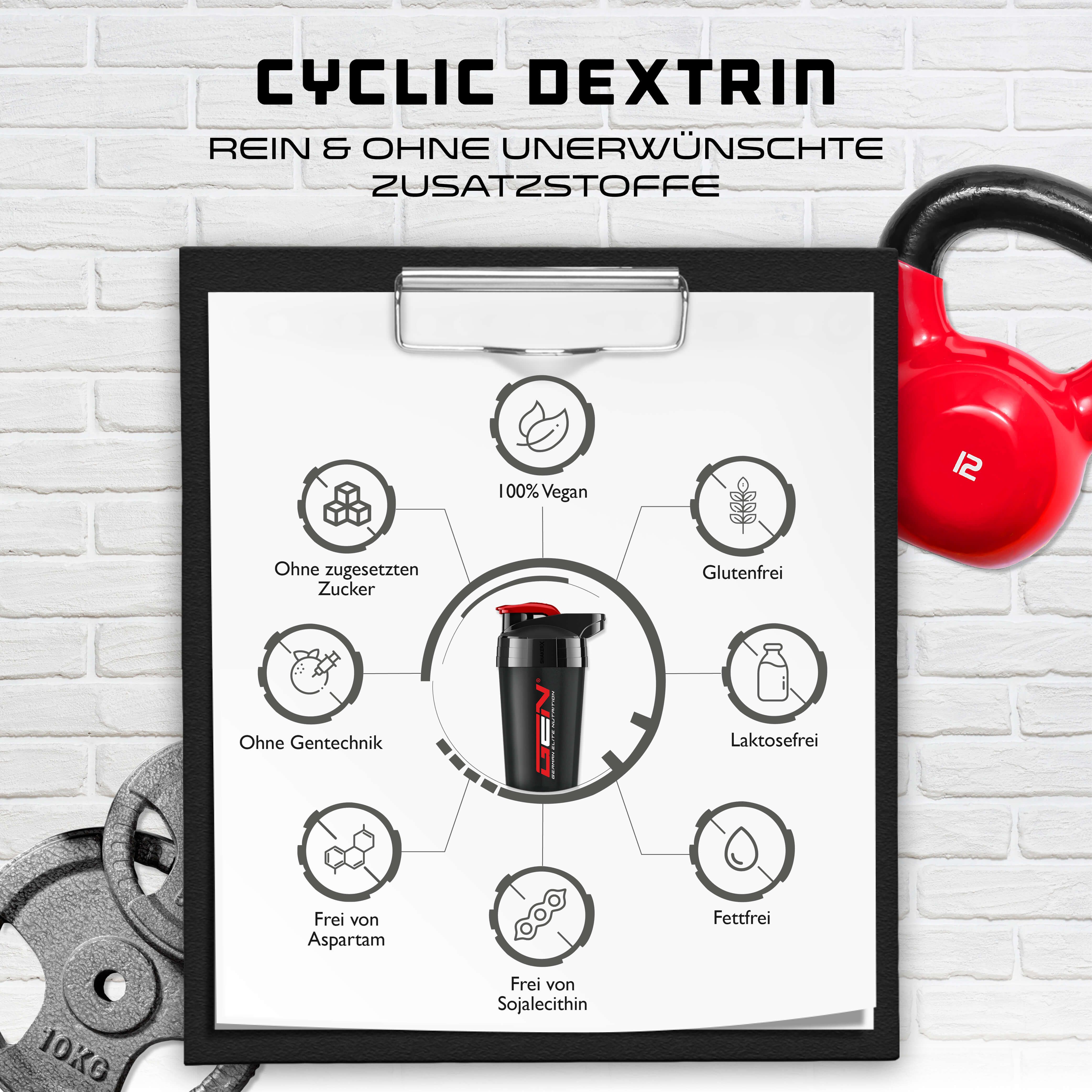 Kreisdiagramm mit Symbolen: ohne Zucker, vegan, glutenfrei, laktosefrei, fettfrei, ohne Aspartam, ohne Sojalecithin, ohne Gentechnik. Shaker.