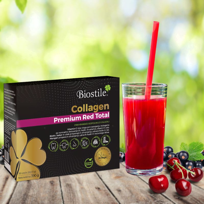 Schachtel Biostile Collagen Premium Red Total, Glas roter Flüssigkeit mit Strohhalm, Kirschen und Beeren.