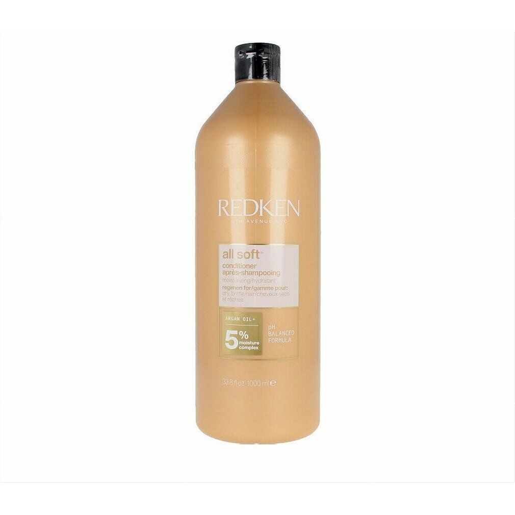 Goldfarbene Flasche Redken All Soft Conditioner. Schwarzer Deckel. Produktbezeichnung und Inhaltsstoffe auf Etikett.