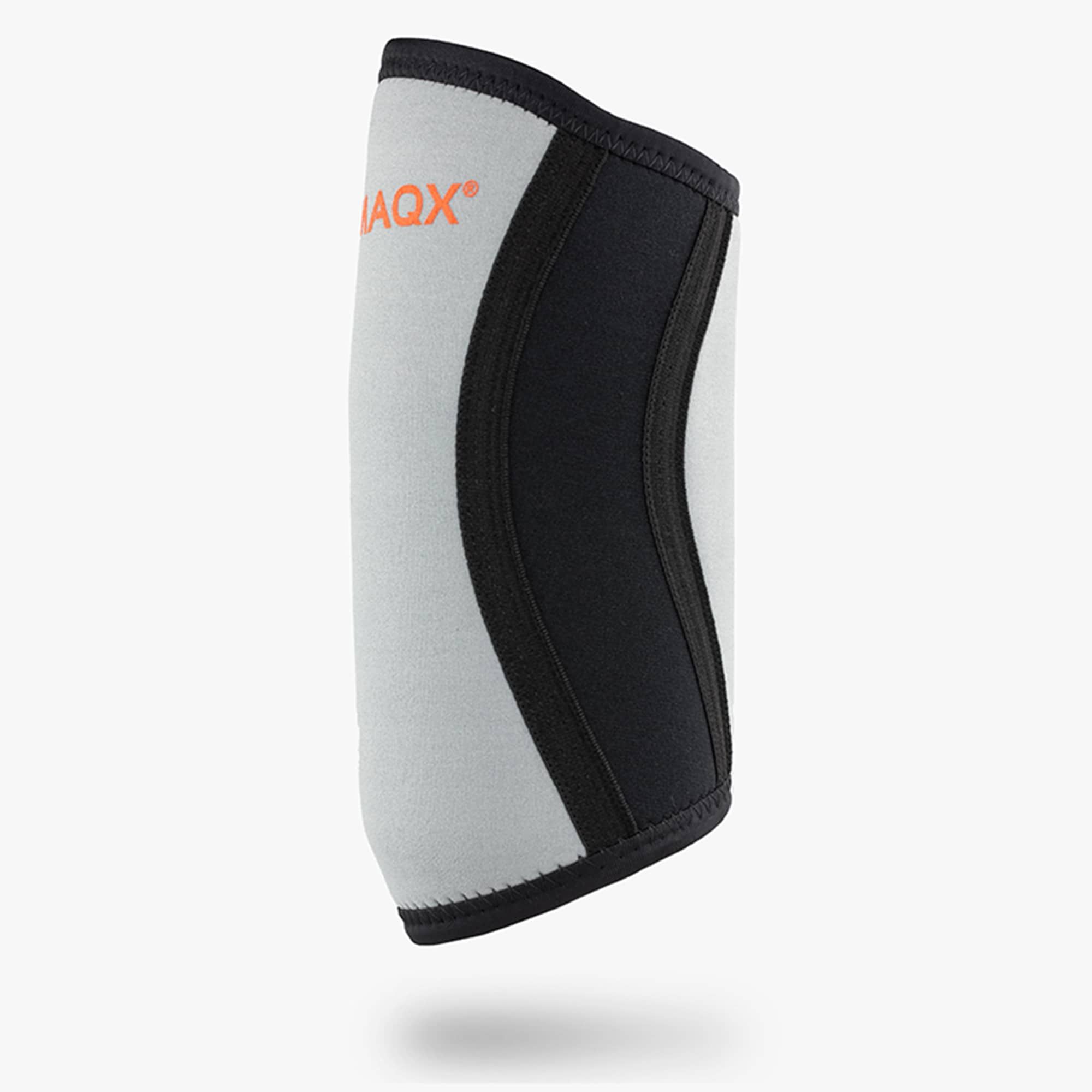Kniebandage, grau-schwarz. Orangefarbener Schriftzug CLIMAQX. Schwarze Ränder.