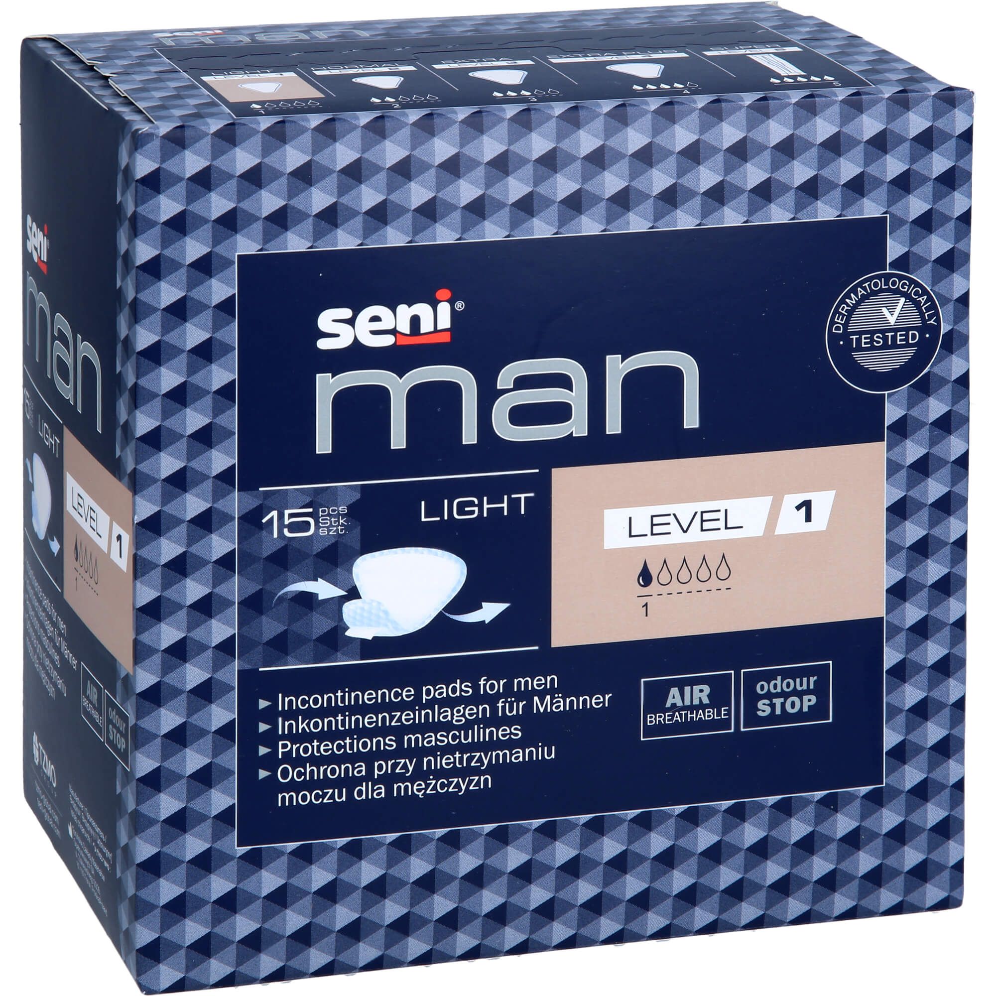 Verpackung Seni Man Light Level 1. 15 Stück. Inkontinenzeinlagen für Männer. Dermatologisch getestet. Luftdurchlässig und geruchsneutral.