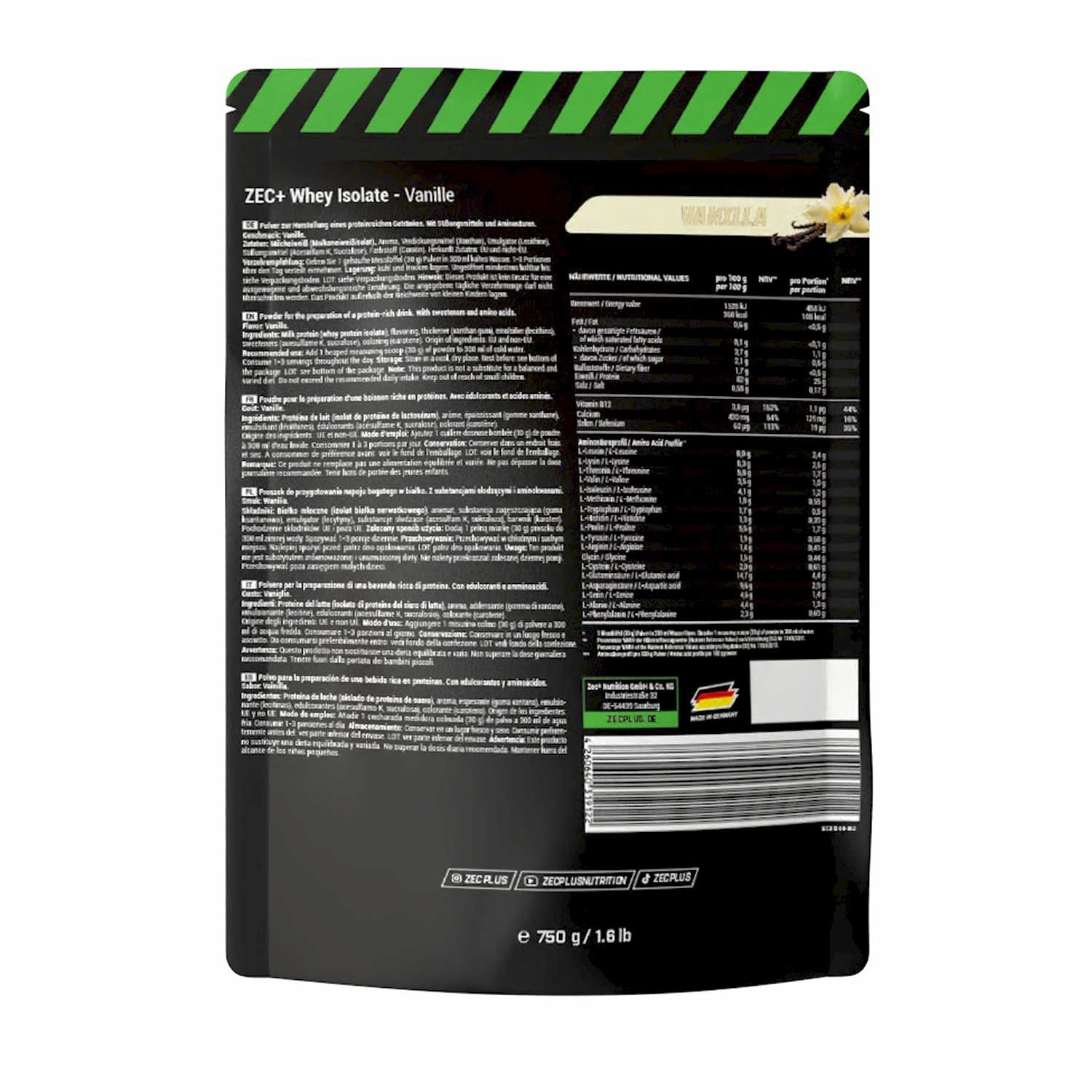Rückseite des ZEC+ Whey Isolate Vanille-Beutels. Schwarzer Beutel mit Text und Nährwertangaben. Vanille-Abbildung.