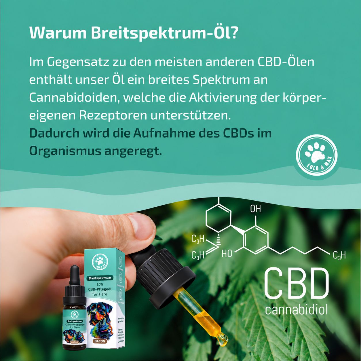 Flasche und Karton für 20% CBD-Pflegeöl für Tiere, mit Hund- und Katzengrafik.