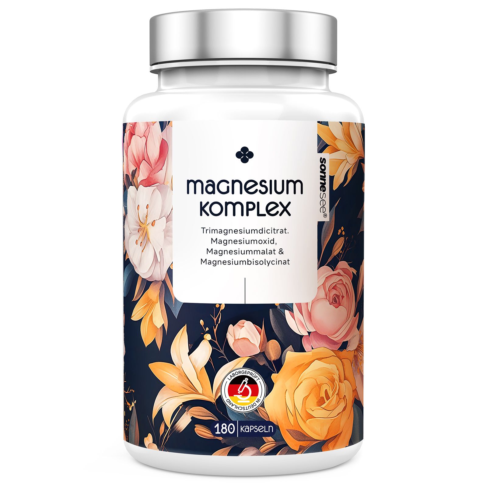 Flasche mit Magnesium Komplex Kapseln, 180 Stück, mit Blumenmuster.