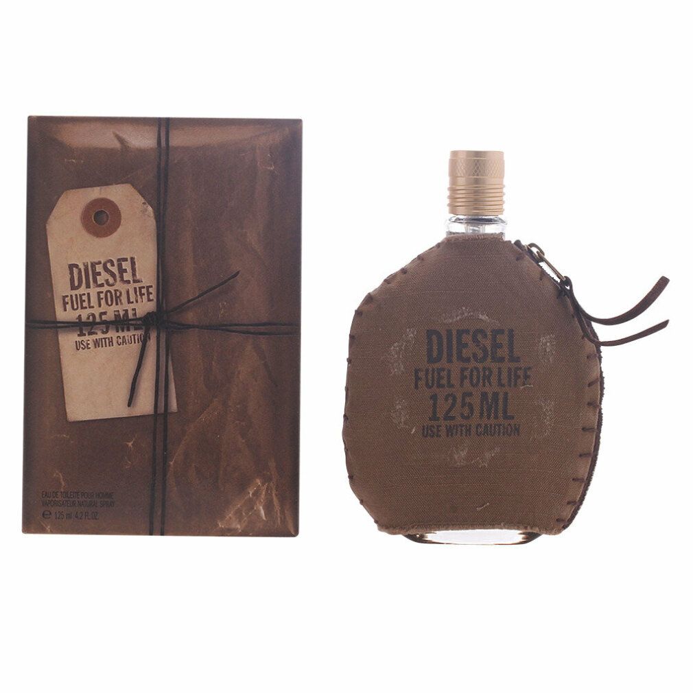 Parfümflasche mit brauner Hülle und Karton. Aufschrift: DIESEL FUEL FOR LIFE 125 ML. Mit Vorsicht verwenden.