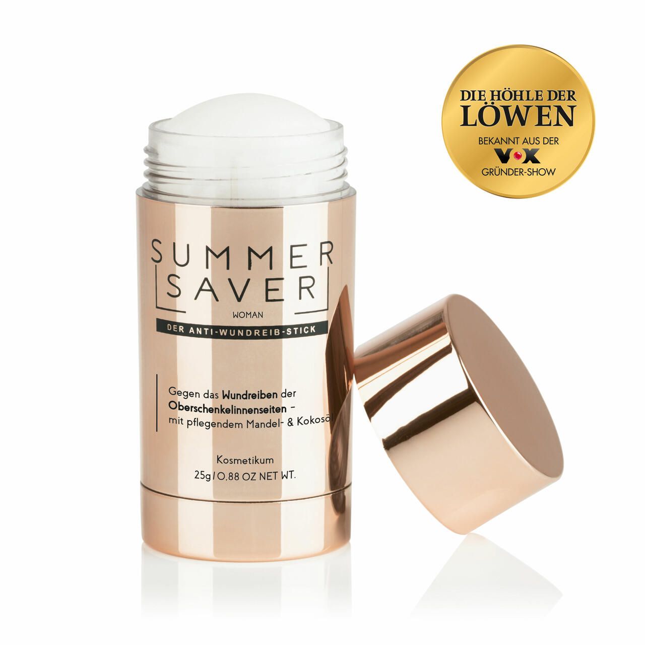 Geöffneter Summersaver Anti-Wundreib-Stick. Goldfarbener Stick mit weißem Produkt. Aufschrift: Summersaver Woman, Der Anti-Wundreib-Stick.