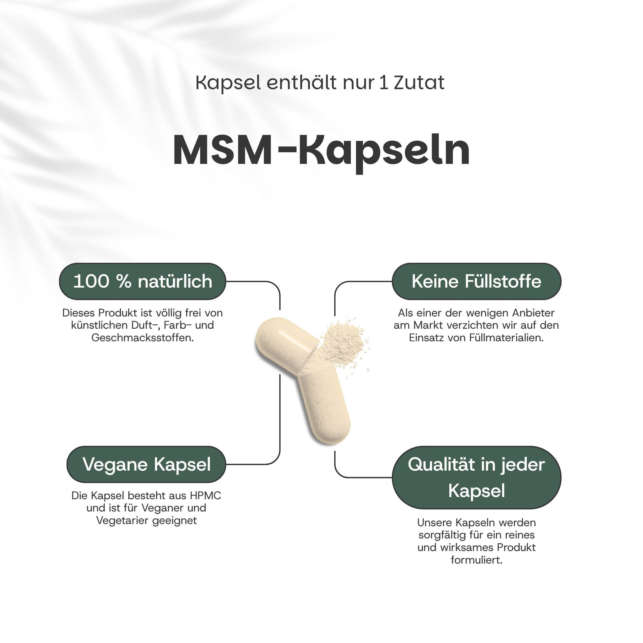 Zwei MSM-Kapseln und Pulver. Text: 100% natürlich, keine Füllstoffe, vegane Kapsel, Qualität in jeder Kapsel.