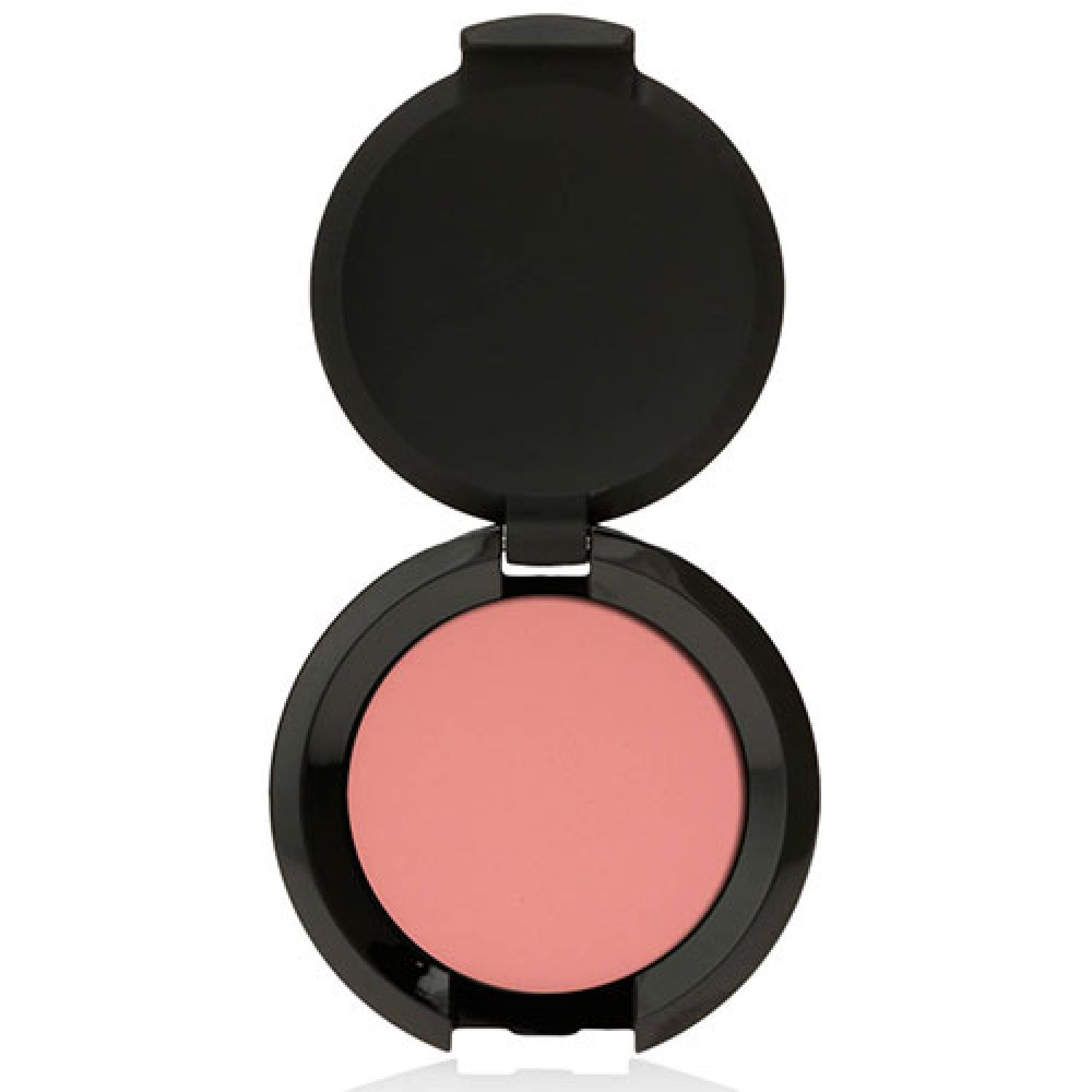 Runder, schwarzer Eyes Mat Lidschatten-Behälter, geöffnet. Rosa Lidschatten sichtbar.