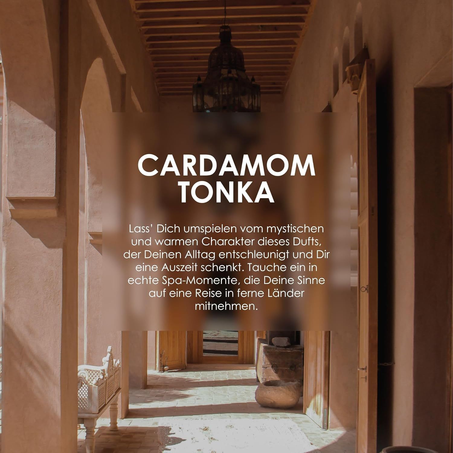 Innenansicht eines Gebäudes mit Bogenfenstern und Deckenbalken. Text: Cardamom Tonka.