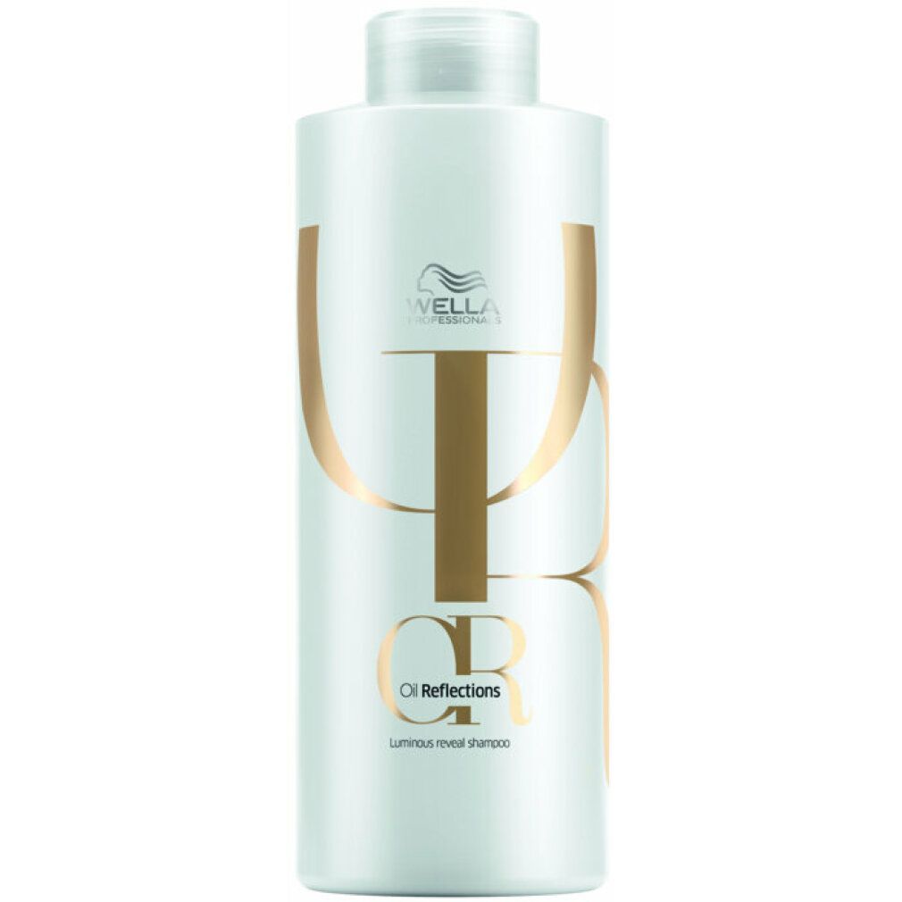 Weiße Shampoo-Flasche mit goldfarbenem Logo und Schriftzug. Aufschrift: Oil Reflections.