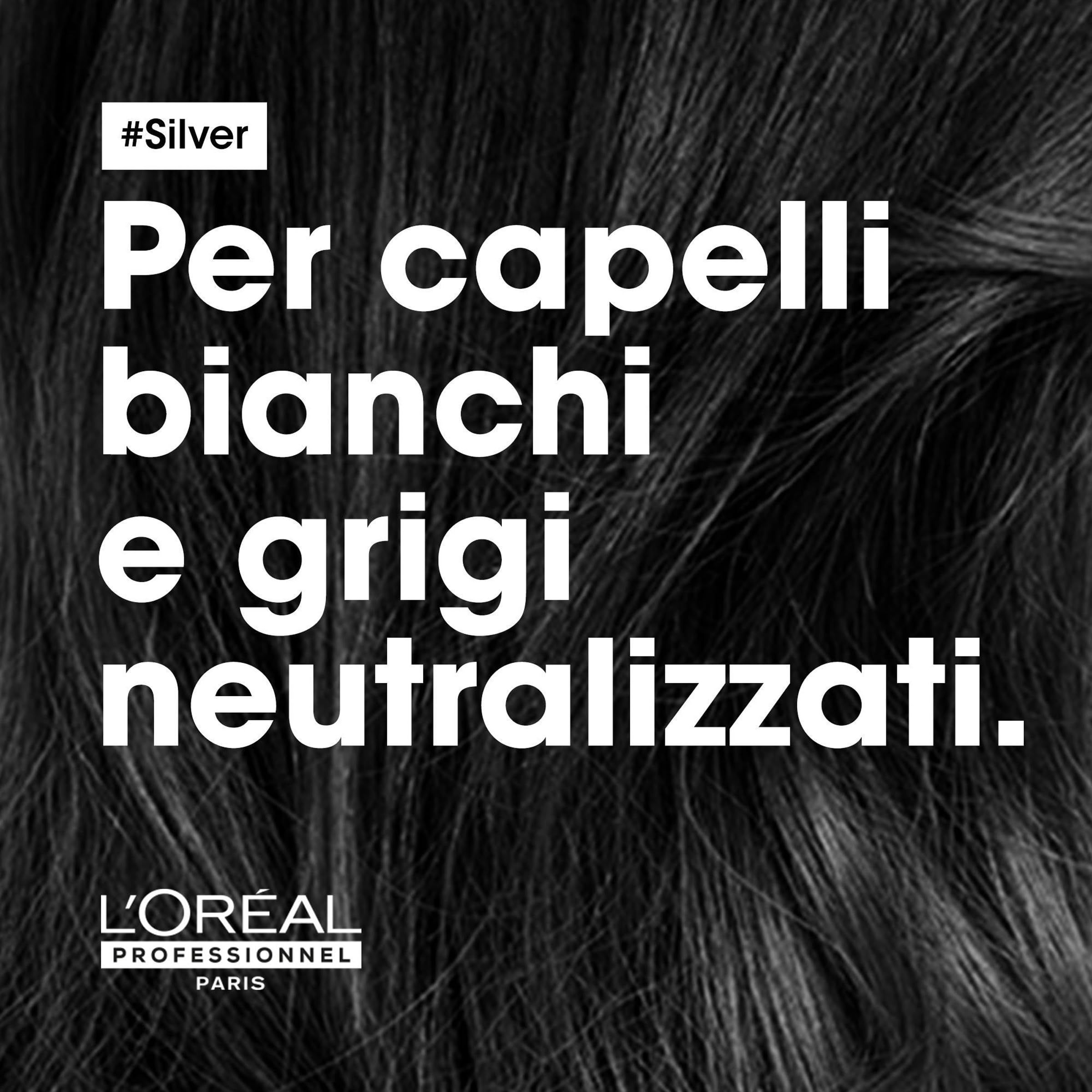 Text mit dem Hashtag #Silver. Text: Für neutralisiertes weißes und graues Haar. Logo L'Oréal Professionnel Paris.