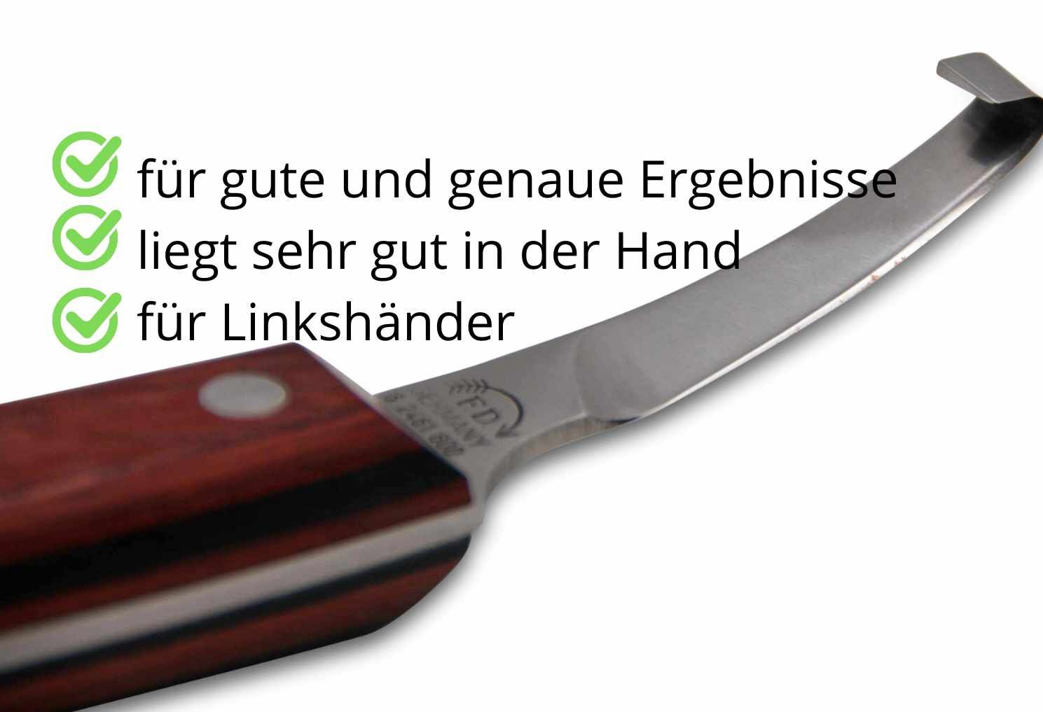 Hufmesser mit Holzgriff. Text: für gute und genaue Ergebnisse, liegt sehr gut in der Hand, für Linkshänder. Klinge gebogen.