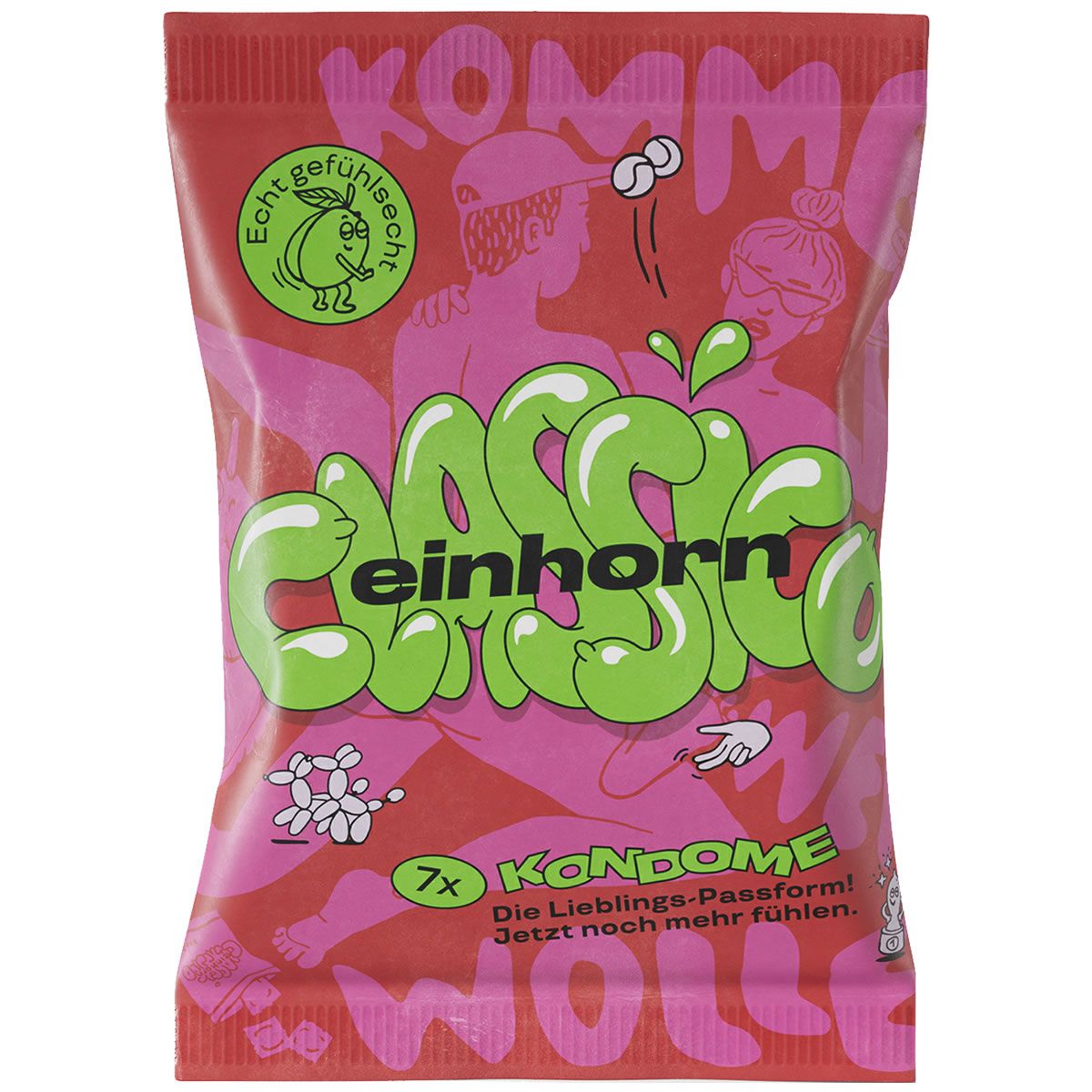 Verpackung mit Kondomen. Aufschrift CLASSICO und einhorn. 7 Stück. Rosa-roter Hintergrund mit Illustrationen.