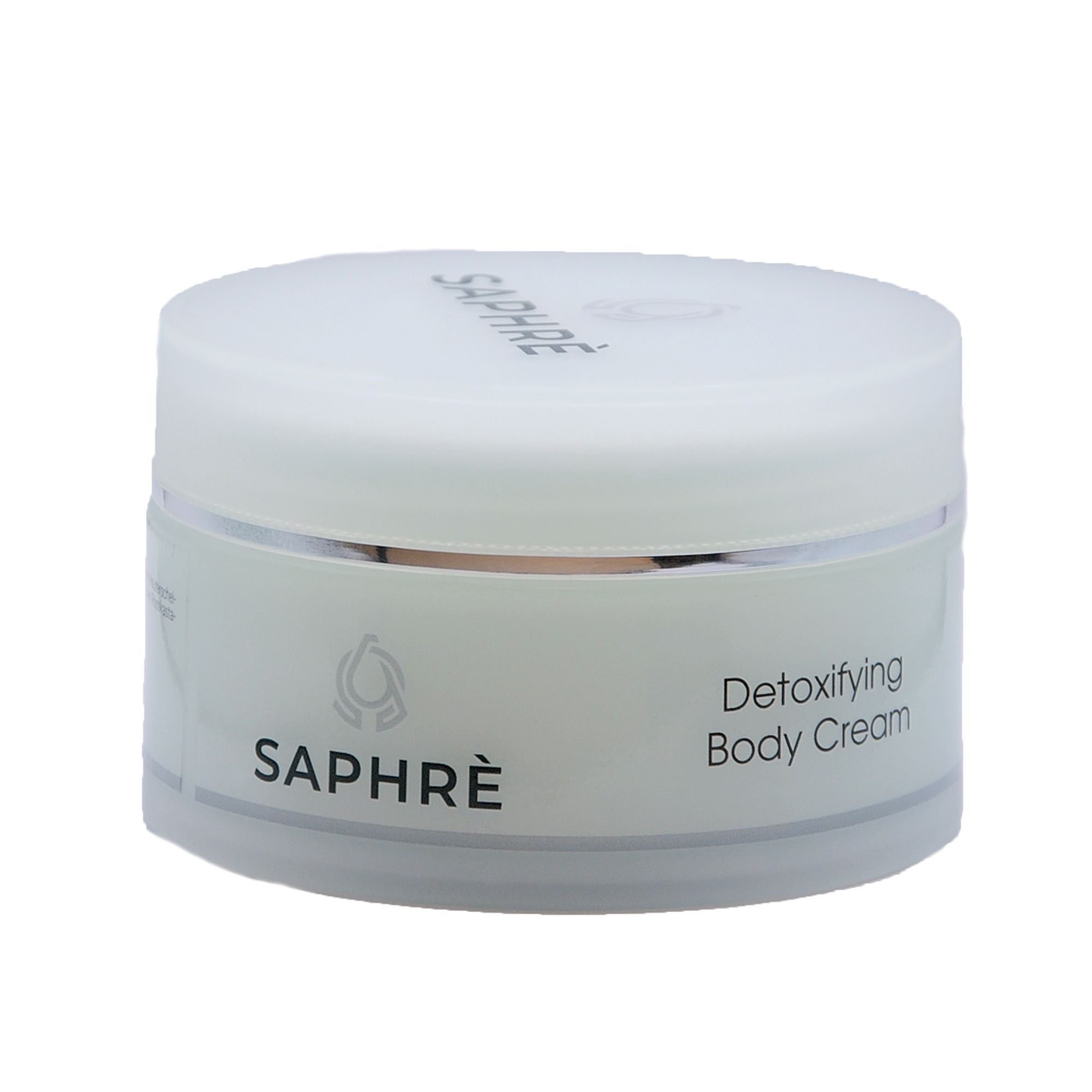 Weißes Tiegel mit Deckel. Aufschrift Saphre und Detoxifying Body Cream. Logo.