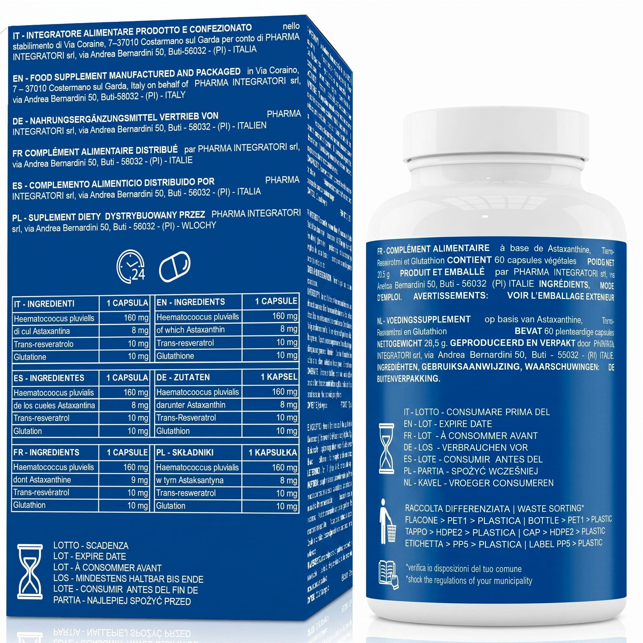 Rückseite der Astaxanthin-Verpackung mit detaillierten Inhaltsstoffen und Dosierung.